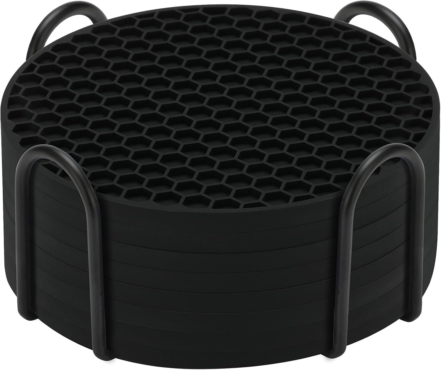 TWTLi 8-Pack Silicone Drink Coasters with Holder, Non-Slip Coaster Set for Coffee Table, Kitchen & Office, Protect Furniture from Water Rings, Heat & Spills, Black