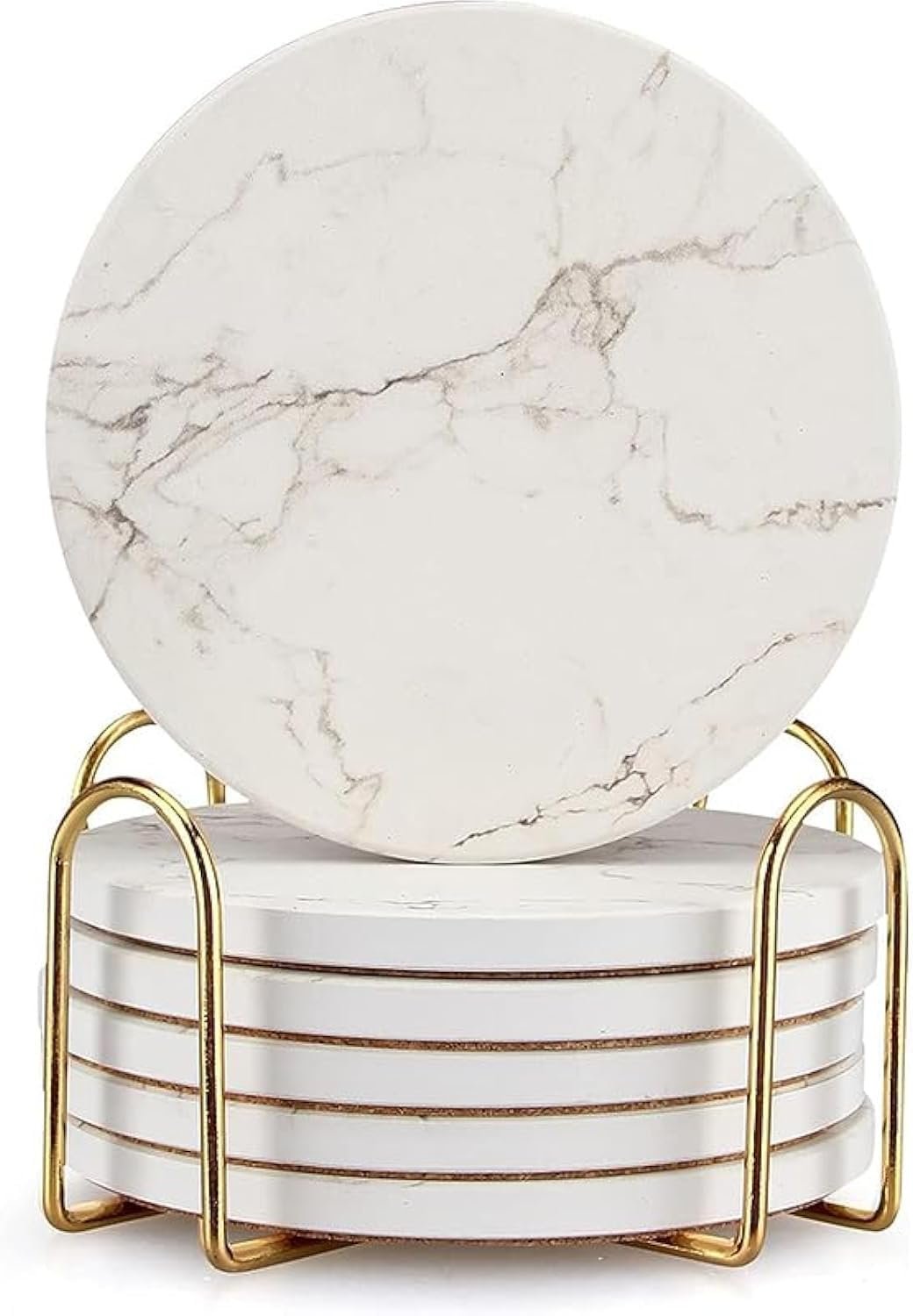 White Marble Coasters Set of 6 Absorbent Ceramic Cute Drink Coaster Holder | Stone Coasters with Holder Bar Dining Coffee Table Decor Kitchen Gift Funny Modern Cup Coster Cool Outdoor Desk Coaster