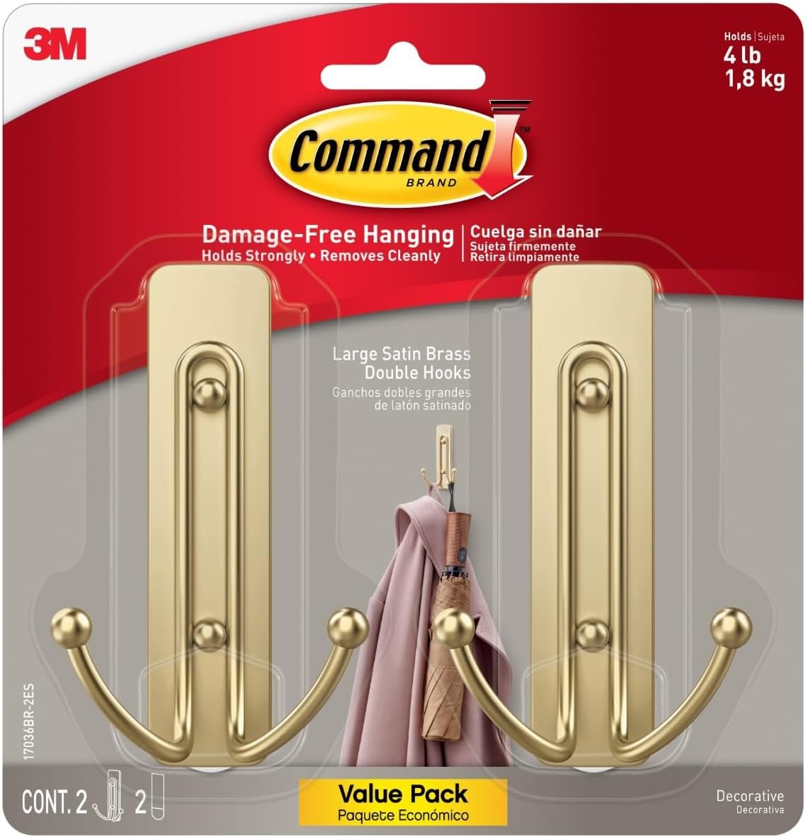 Command Large Bronze Double Hooks, 2 Hooks, 2 Strips | Damage-Free Wall Hooks with Adhesive Strips, No Tools Coat Hooks for Hanging Home Decor, Holds up to 4 lb