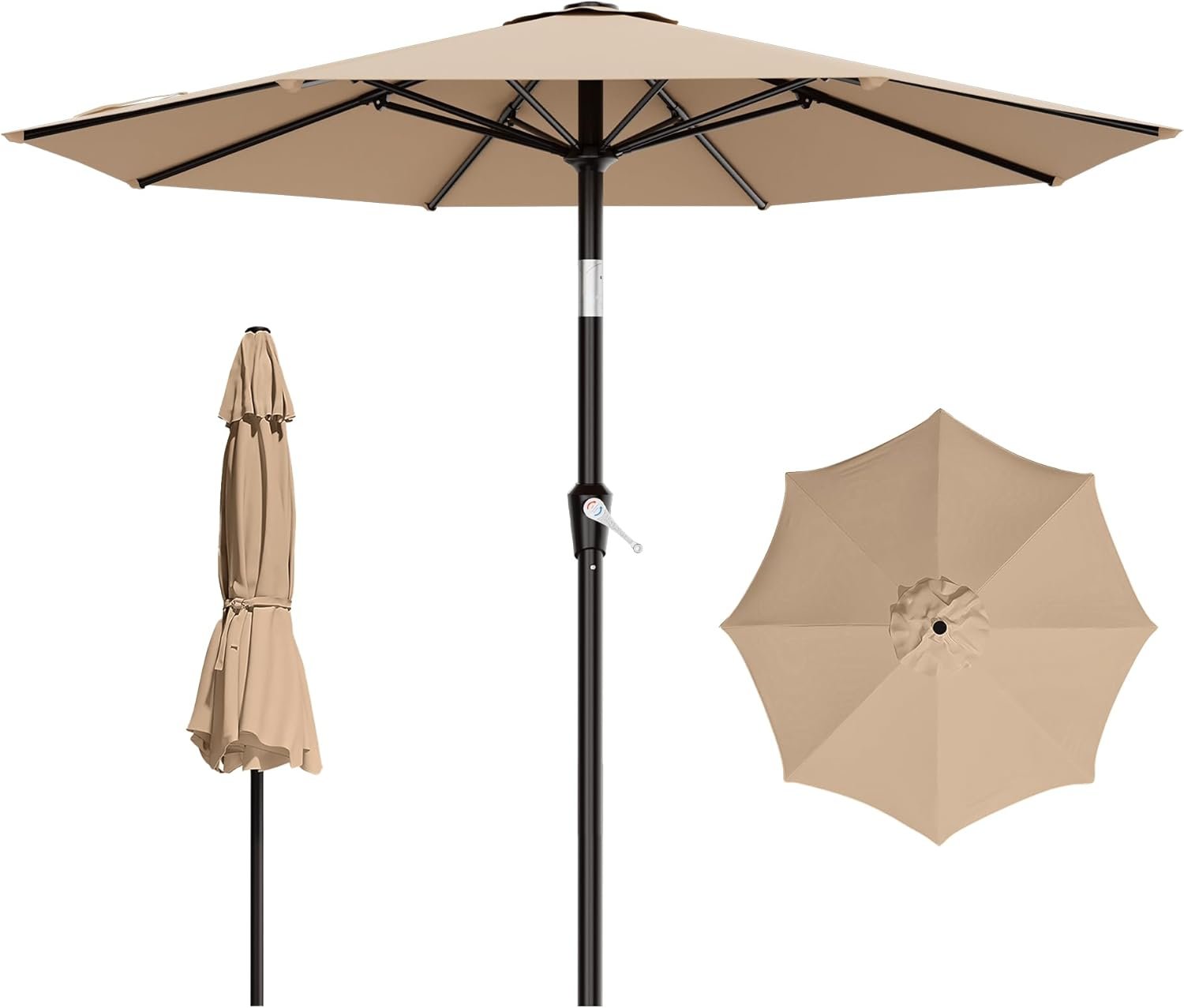 9 FT Patio Umbrella for Outdoor, Outdoor Table Umbrella with Push Button Tilt and Crank, Outdoor Patio Umbrellas with 8 Sturdy Ribs for Market, Garden, Pool (Beige)