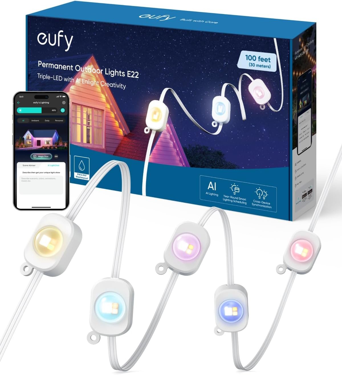 eufy Permanent Outdoor Lights E22, 100ft with 60 Triple-LED Lights | Smart RGBWW for Christmas, Daily and Holiday, Up to IP67 Rated, AI Light Themes for Christmas Decorations, Work with eufyCams