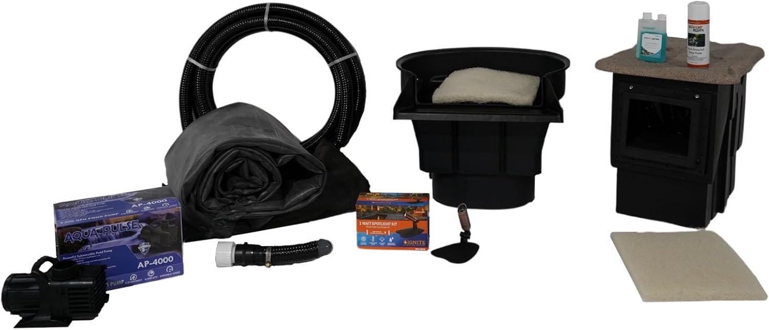 PondBuilder Crystal 4000 GPH Pond Kit 20 x 25 Ft EPDM Liner | Custom water feature kit, 20″ waterfall, 7″ skimmer, Aqua Pulse pump, all hardware included