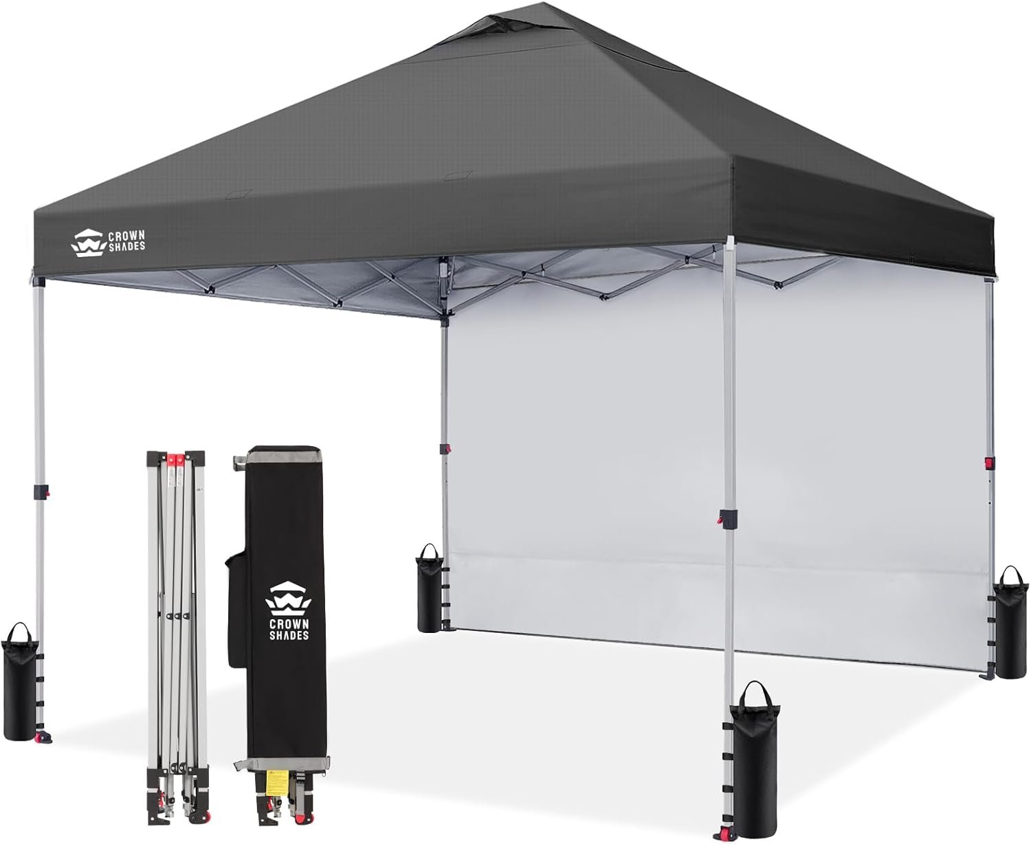 CROWN SHADES 10×10 Pop Up Canopy with 1 Side Wall – Beach Tent with One Push Setup – Outdoor Sun Shade for Events, Parties, Camping – Gazebo with STO-N-Go Cover Bag (Grid Grey)