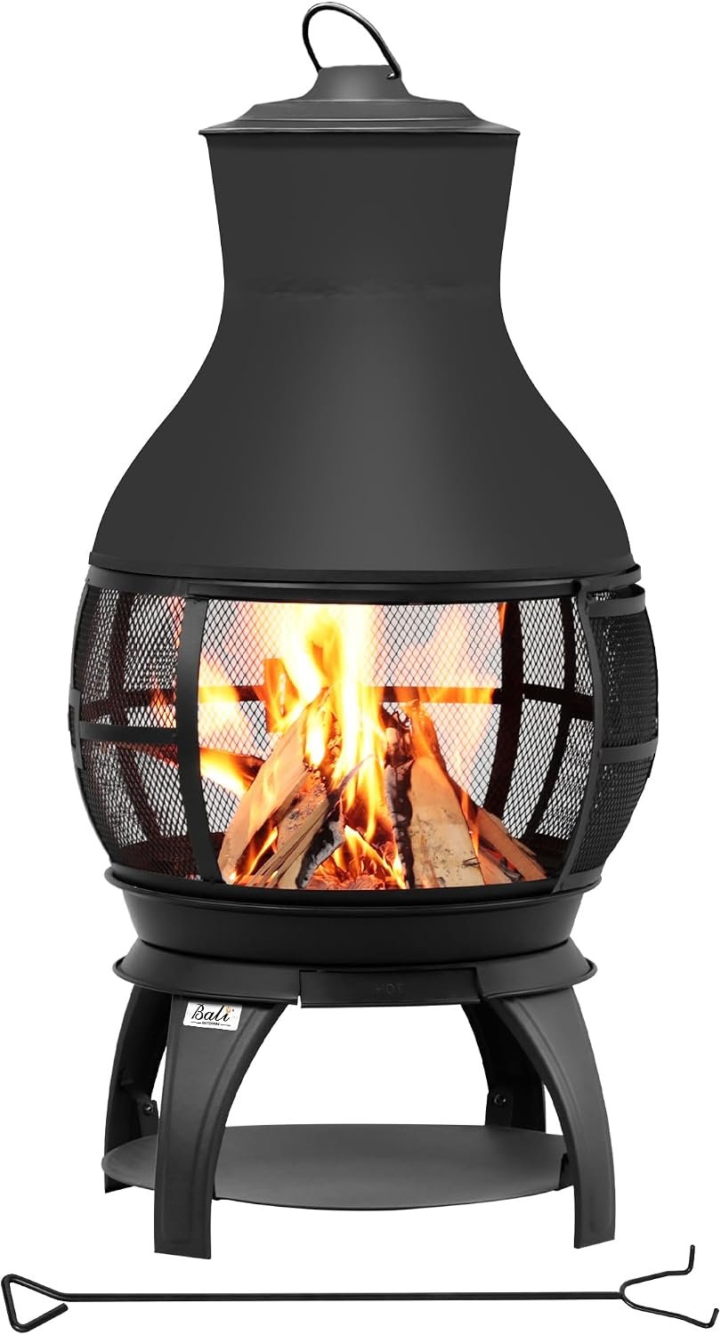 BALI OUTDOORS Fire Pit Wood Burning Chiminea Outside | Fireplace Patio Small Firepit, Size 17.7″ W x 35.6″ H, Brown-Black