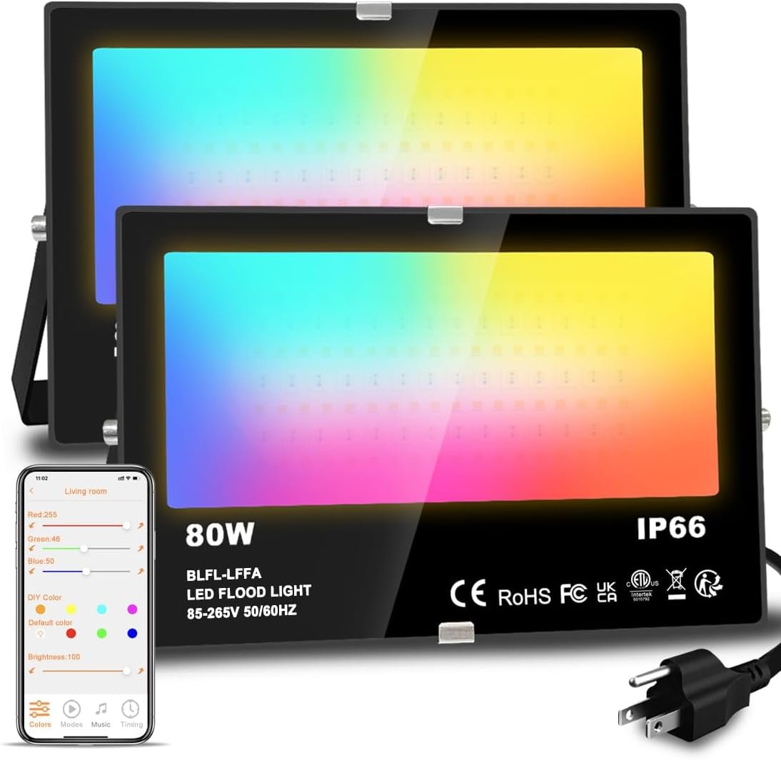 LED Flood Light Outdoor 800W Equivalent 8000LM Smart RGB Landscape Lighting | APP Control, DIY Scenes – Timing – 5700K Daylight White – Color Changing Uplight, IP66 Waterproof US Plug MELPO(2Pack)