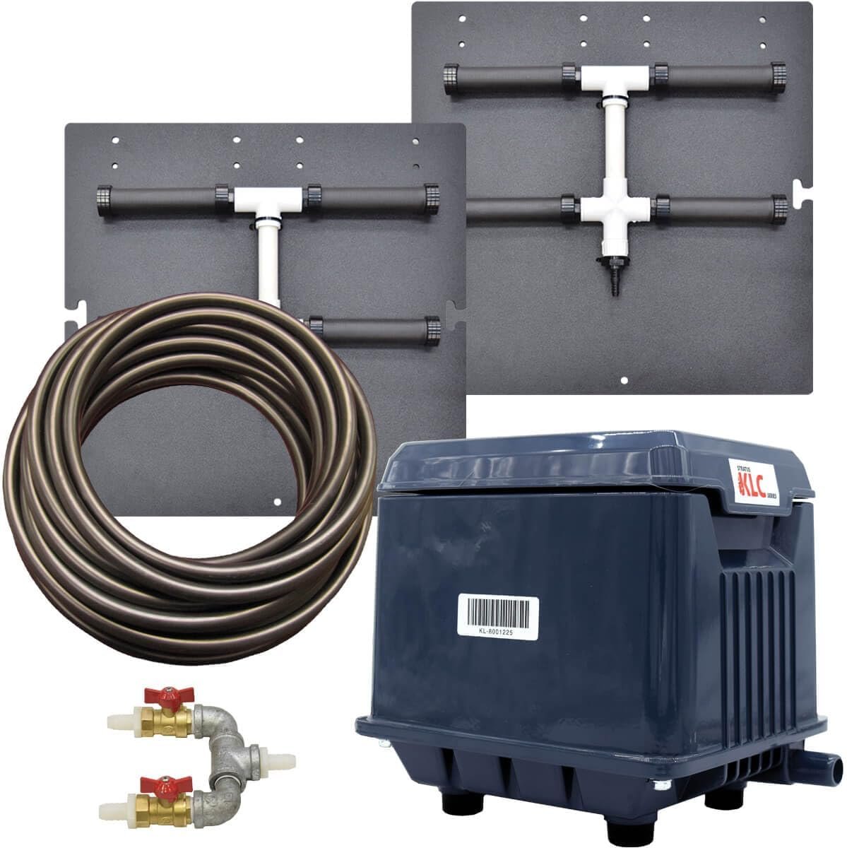 PA8SWN Shallow Lake & Pond Aeration System – up to 7′ Deep | Complete dual diffuser system includes 115 volt compressor, 100′ of 1/2″ QuickSink Tubing, diffusers. Max air flow 3.7 CFM