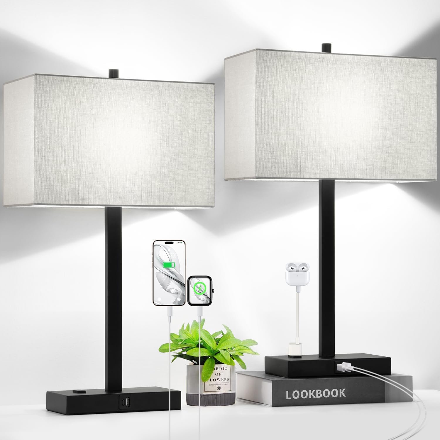 21″ Touch Bedside lamps with 2 USB & AC Outlets, 3-Way Dimmable Bedside Table Lamps Set of 2 for Bedroom Living Room Office Reading, Gray Shade Lamps for Night Stands, 5000K LED Bulbs Included
