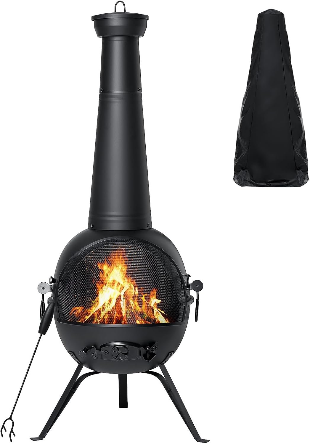 Chiminea Fireplace Outdoor Prairie Fire Deck or Patio Backyard Wooden Fire Pit with Chiminea Cover Rust-Free Iron Black