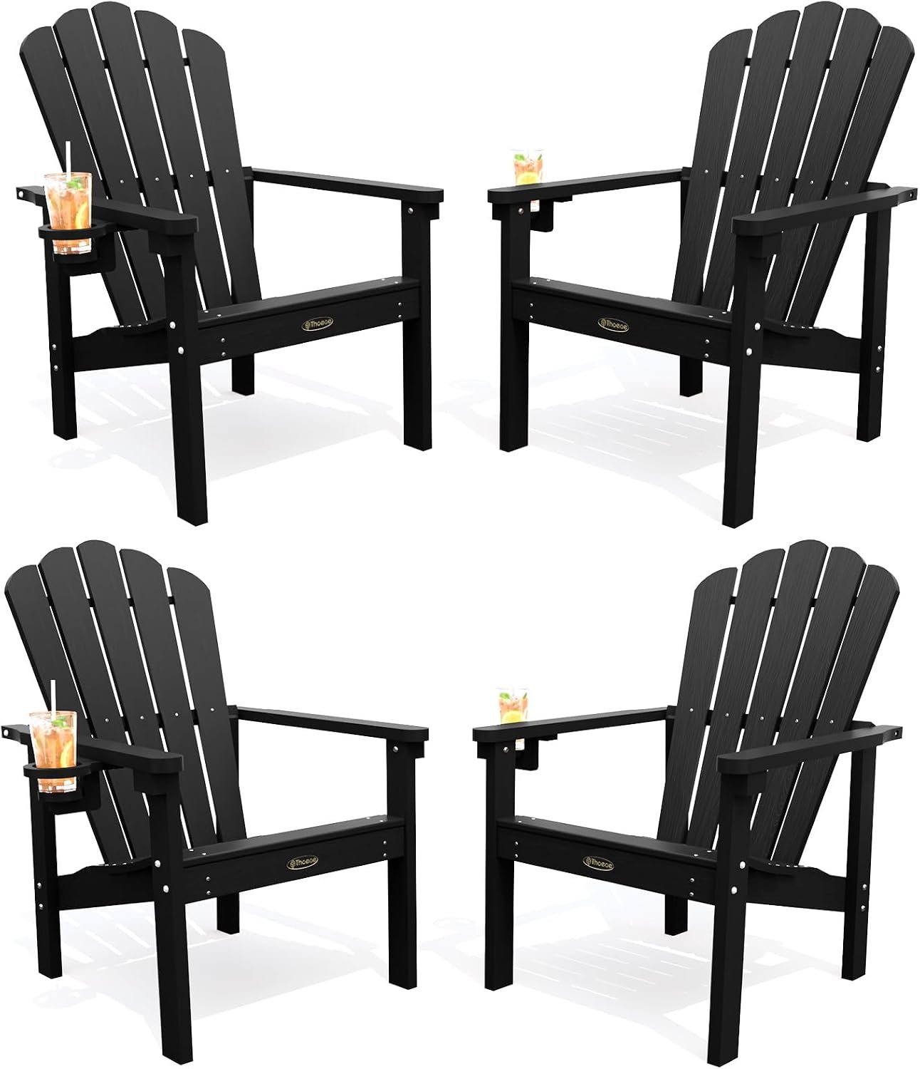 THOEOE Stackable Adirondack Chair Set of 4, HDPE Fire Pit Chairs Set of 4 | All-Weather Plastic Outdoor Chairs, with Cup Holder, Wide Seat, Durable and Space Saving, for Deck, Backyard, Lawn, Black