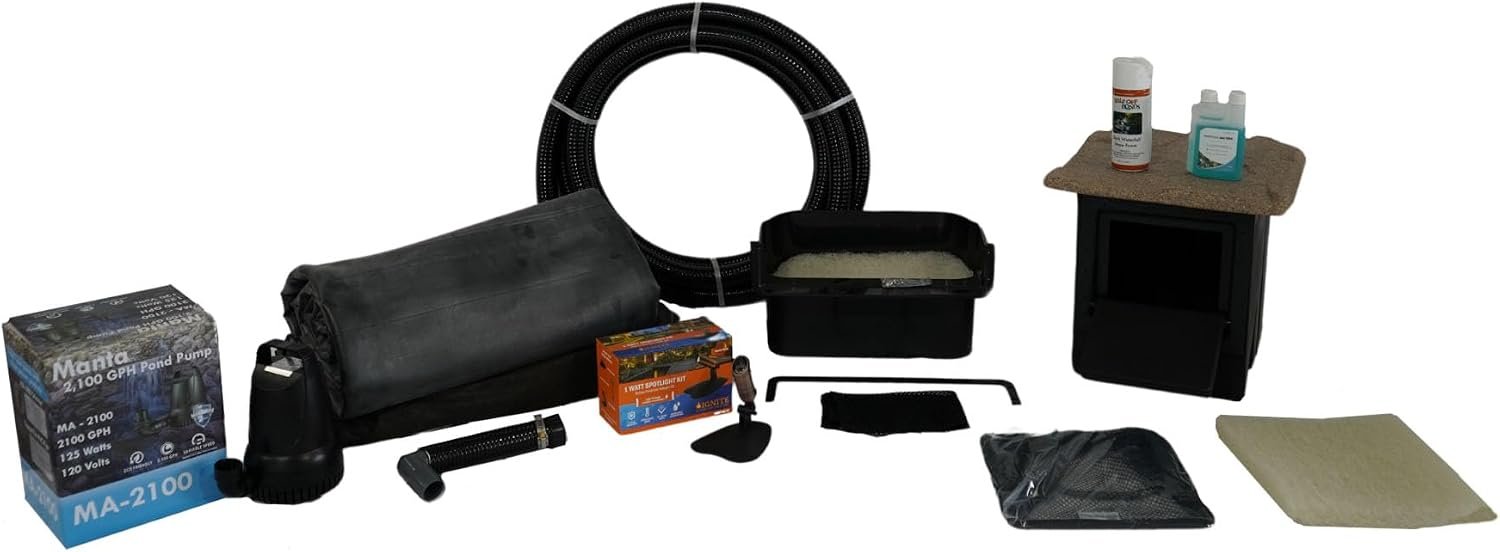 Simply Ponds 2100 GPH Water Garden Koi Pond Kit 15 x 20 Ft EPDM Liner | Custom water feature, 16″ Waterfall Filter, 7″ Serenity Skimmer, Manta submersible pump, hardware and plumbing fixtures