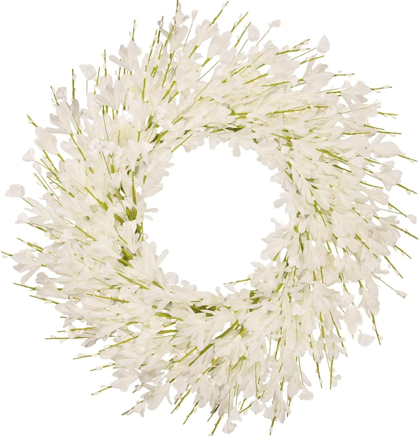 24 Inch Artificial White Forsythia Flower Wreath, Silk & Paper Bridal Floral Wreath for Front Door, Elegant Winter Wedding & Spring Summer Decor, All Season Farmhouse Porch Wall Decor