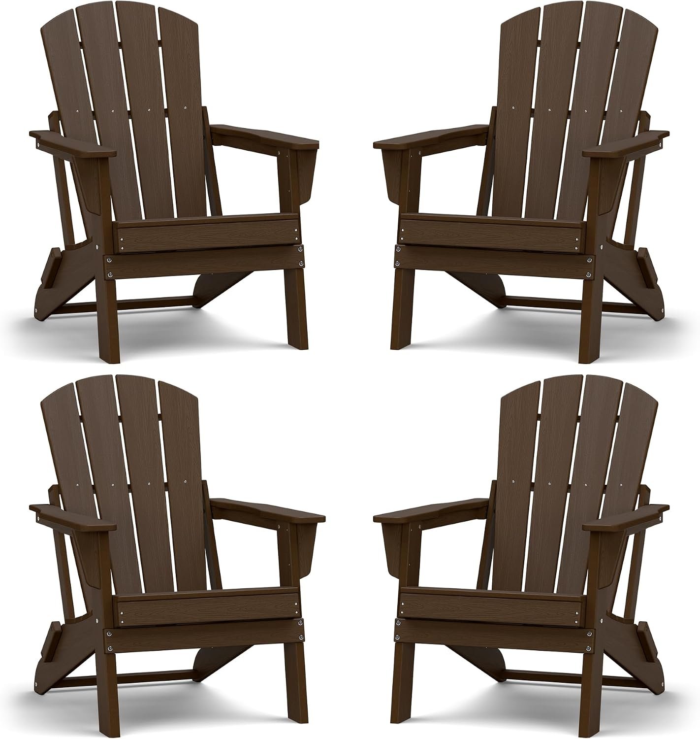 Lightweight Folding Adirondack Chair Set of 4,HDPE, Coffee | Portable HDPE Patio Chair – 350lbs,Durable All-Weather Space-Saving Foldable Fire Pit Seating for Camping, Backyard, Deck