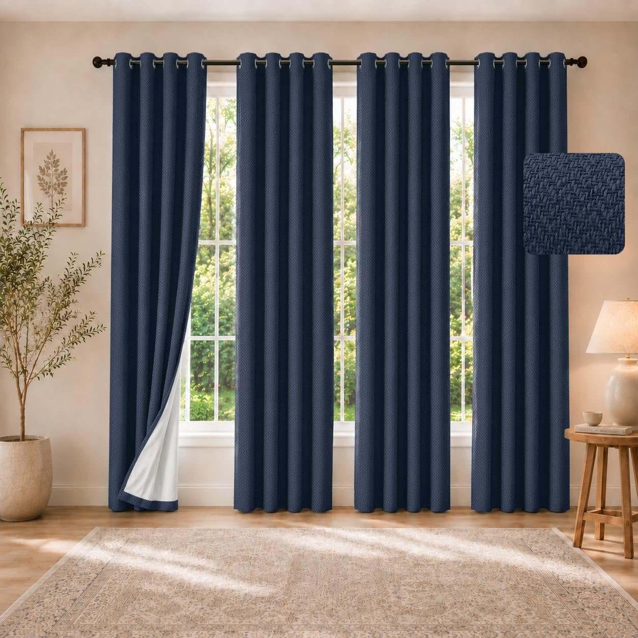 4 Panels 100% Blackout Linen-Textured Thick Grommet Curtains | Thermal Insulated Drapes with Herringbone Weave, Luxury Decor for Bedroom Living Room Windows, 54 x 84 Inch, Navy