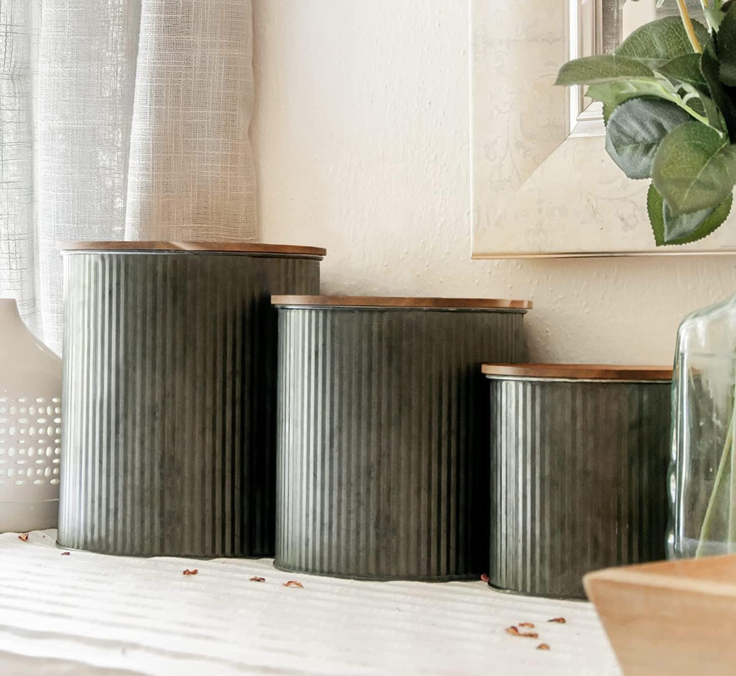 Farmhouse Kitchen Canisters for Countertop – Approx. 5, 4 & 2 Quart/Tin Canisters Sets for the Kitchen/Rustic Home Decor/Modern Farmhouse Decor (Acacia)