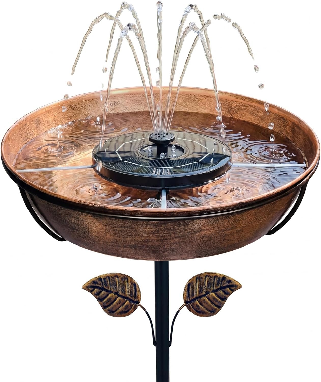 Metal Bird Bath with Solar Fountain – 13″ Outdoor Birdbath Bowl + 6.3″ Solar Pump with Battery LED Lights & with 4 Fixed Rods | Garden Bird Bath for Yard, Lawn, Patio, Flowing Water Feature