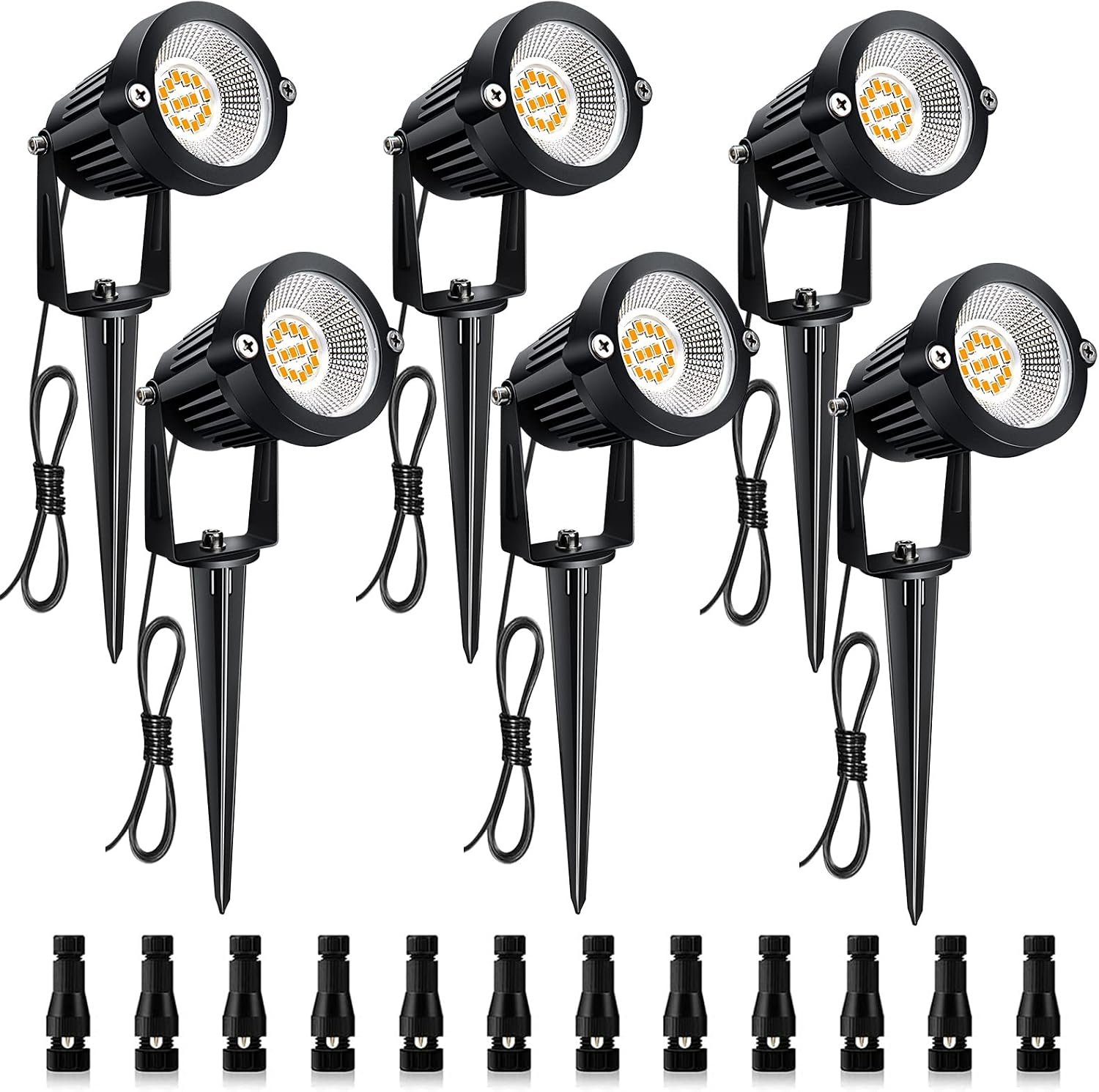 7W Low Voltage Landscape Lights with Connectors and Spike Stands (6 Pack) | 7W Low Voltage LED Landscape Lights with Connectors Outdoor 12V Super 900LM Warm White Waterproof Garden Pathway Lights