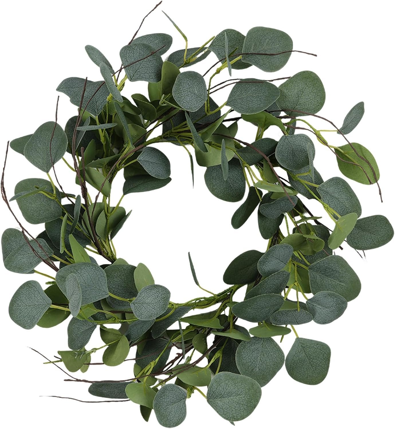 Eucalyptus Leaves Wreath Metal Polyester Green Wreath 15 Inches for The Front Door Décor, 1 Pack