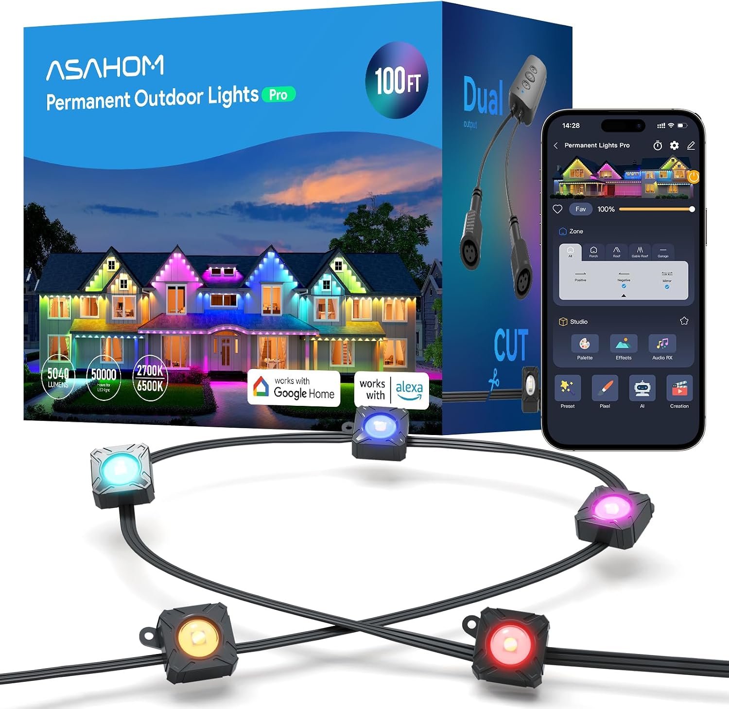 ASAHOM Permanent Outdoor Lights Pro S108B, 100FT with 72 RGBCW LED Lights, 70lm White, WLED Integrated, AI Lighting, 30000 Dynamic Effect, IP67 Waterproof for Holiday Decor and Daily Lighting, Black