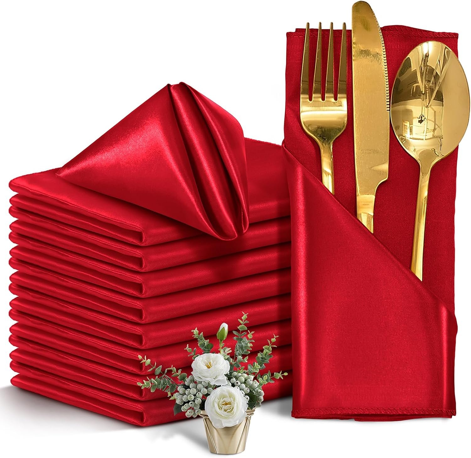 Satin Napkins, Red, 17″ x 17″, 50 Pieces | Square Table Napkins, Silky Soft Smooth, Washable, For Restaurant, Weddings, Dinner, Party