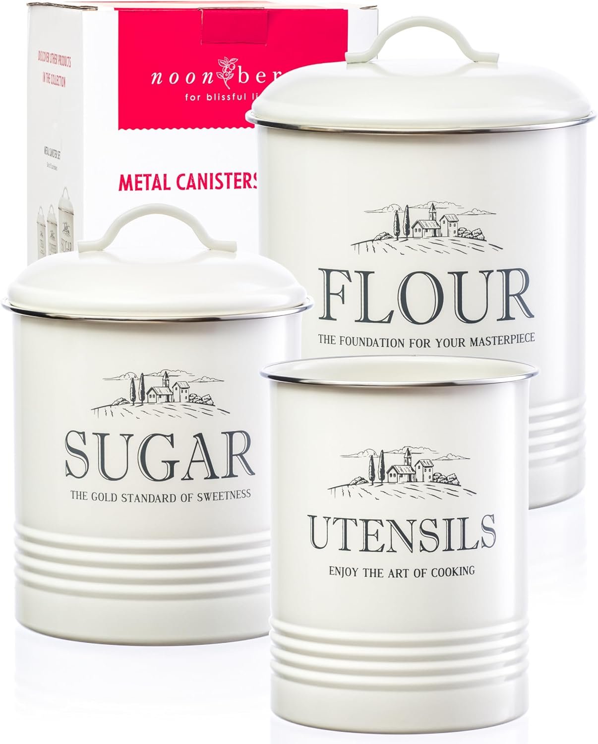 noonberry Kitchen Canisters for Countertop, 3-Piece Set with Utensil Holder | Flour & sugar storage containers; airtight, metal; farmhouse; gift-ready; cream white