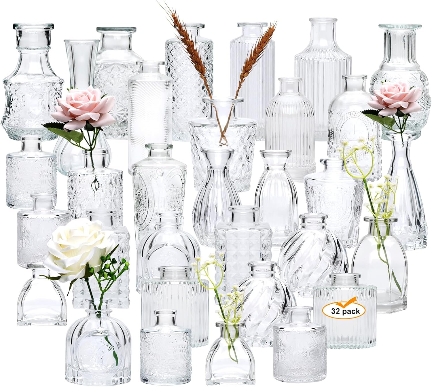 Small Glass Vases for Flowers, 32pcs Clear Mini Bud Vases in Bulk | Small Vases for Centerpieces, Mini Flower Vase Bulk for Rustic Wedding Home,Clear Vase Table Decorations,Party