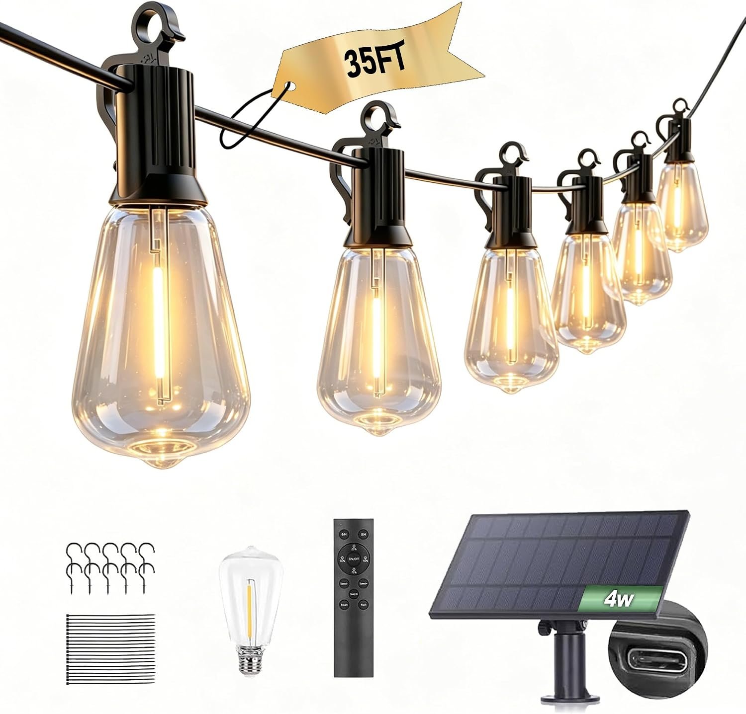 Outdoor Solar String Lights 35FT Waterproof – 15+1 ST38 Edison LED Bulbs, Dimmable Festoon Lights with Remote, Patio Hanging Lights for Backyard Deck Garden Wedding Cafe