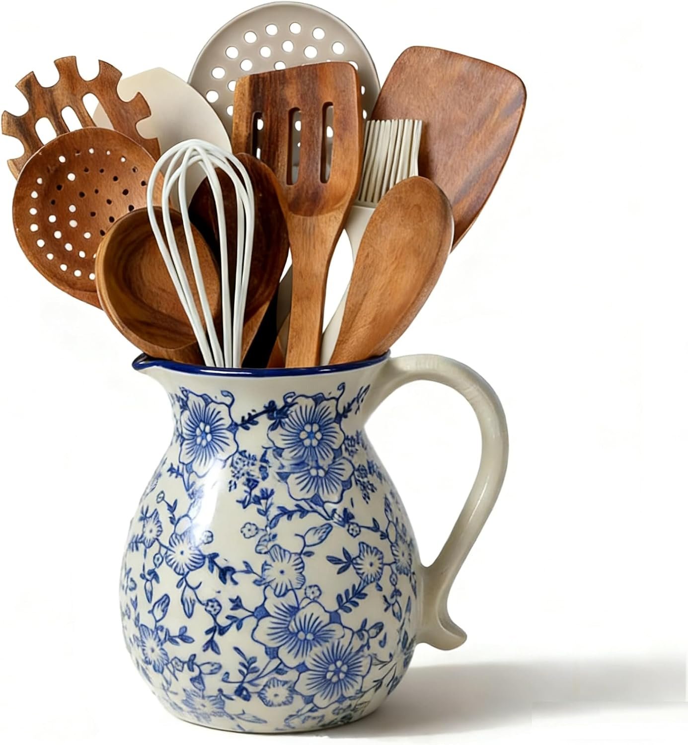 6.1″ Blue & White Ceramic Farmhouse Utensil Holder for Kitchen Counter | Blue & white floral ceramic utensil holder with handle; stain-proof glaze; doubles as vase; rustic vintage kitchen decor