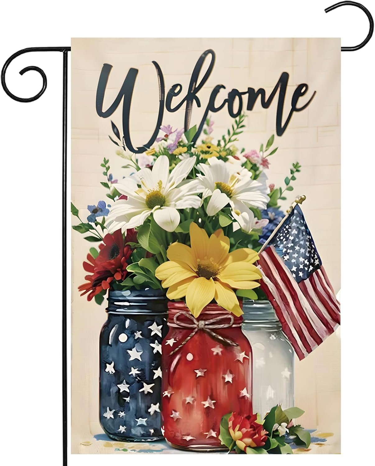 4th of July Mason Jar Flowers Summer Garden Flag 12×18, Patriotic Celebration Double-Sided Decorative Burlap Yard Flag for Memorial Day Independence Day Outside Decoration Holiday Festivities