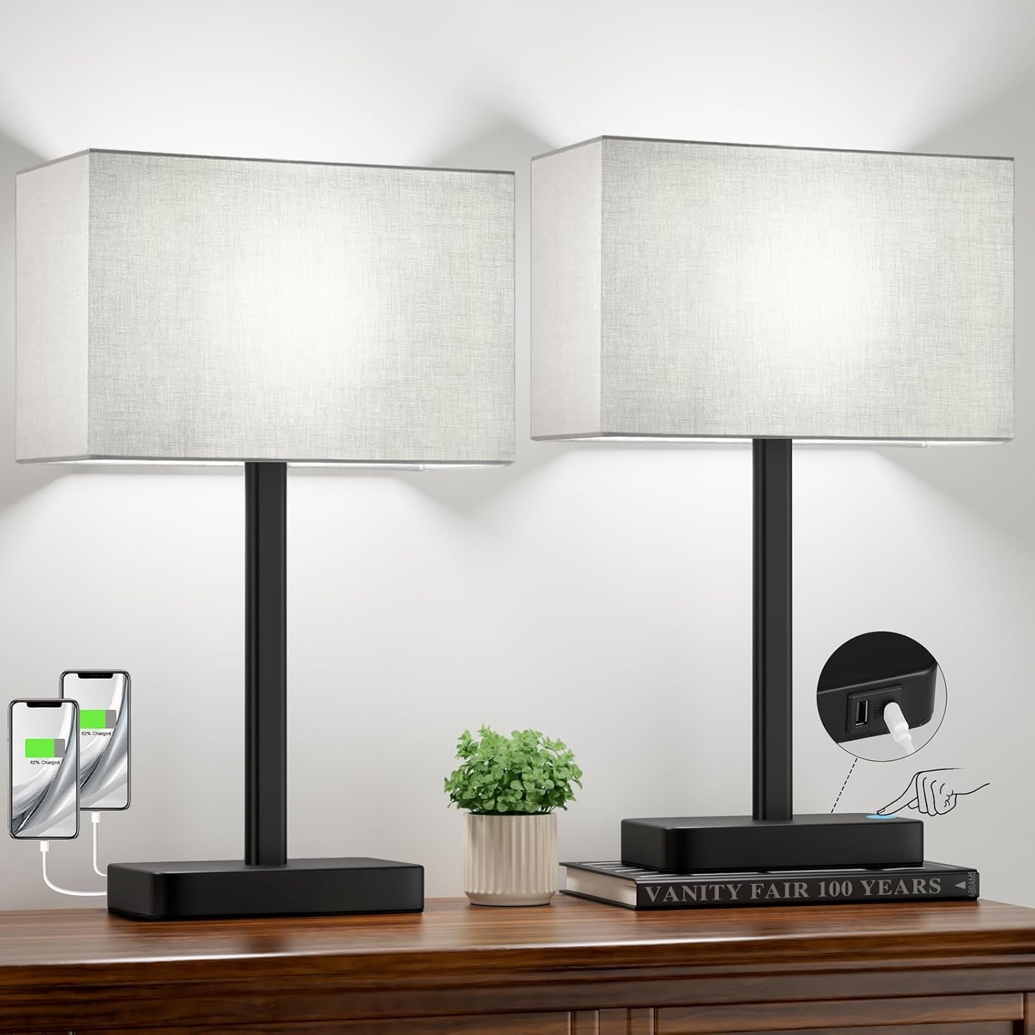 Hong-in Touch Lamps for Bedroom – 3-Way Dimmable Bedside Lamps Set of 2 with USB C+A, Grey Modern Table Lamp for Night Stands, Desk Lamp for Living Room Nightstand End Tables Bed Side