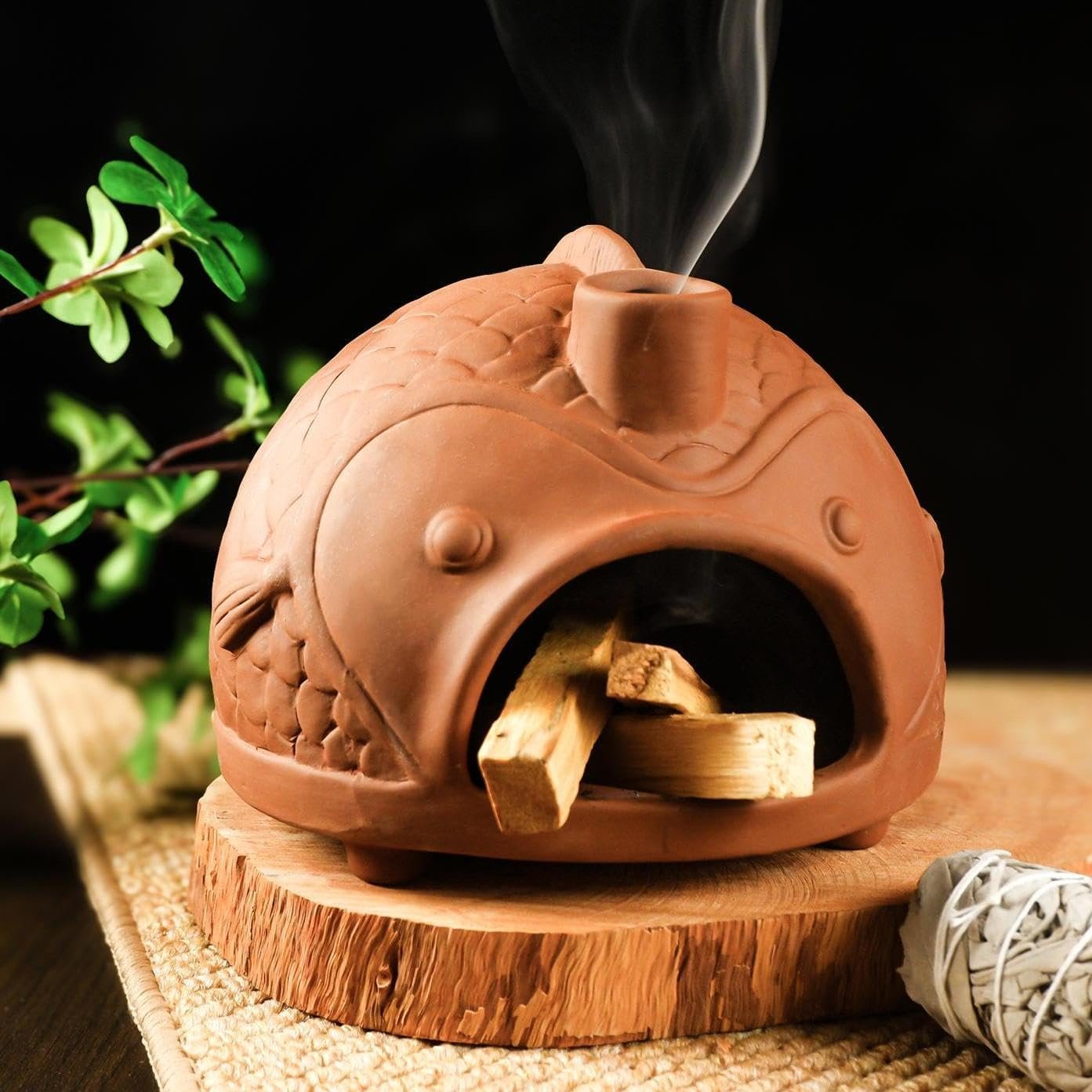 MOUGIGI Large Fish-Shaped Terracotta Palo Santo Holder – Cone Burner for Sage,Chiminea Incense Dish with Chimney,Ideal for Meditation, Zen, Yoga, Spa & Wellness | Anxiety & Stress Relief Items