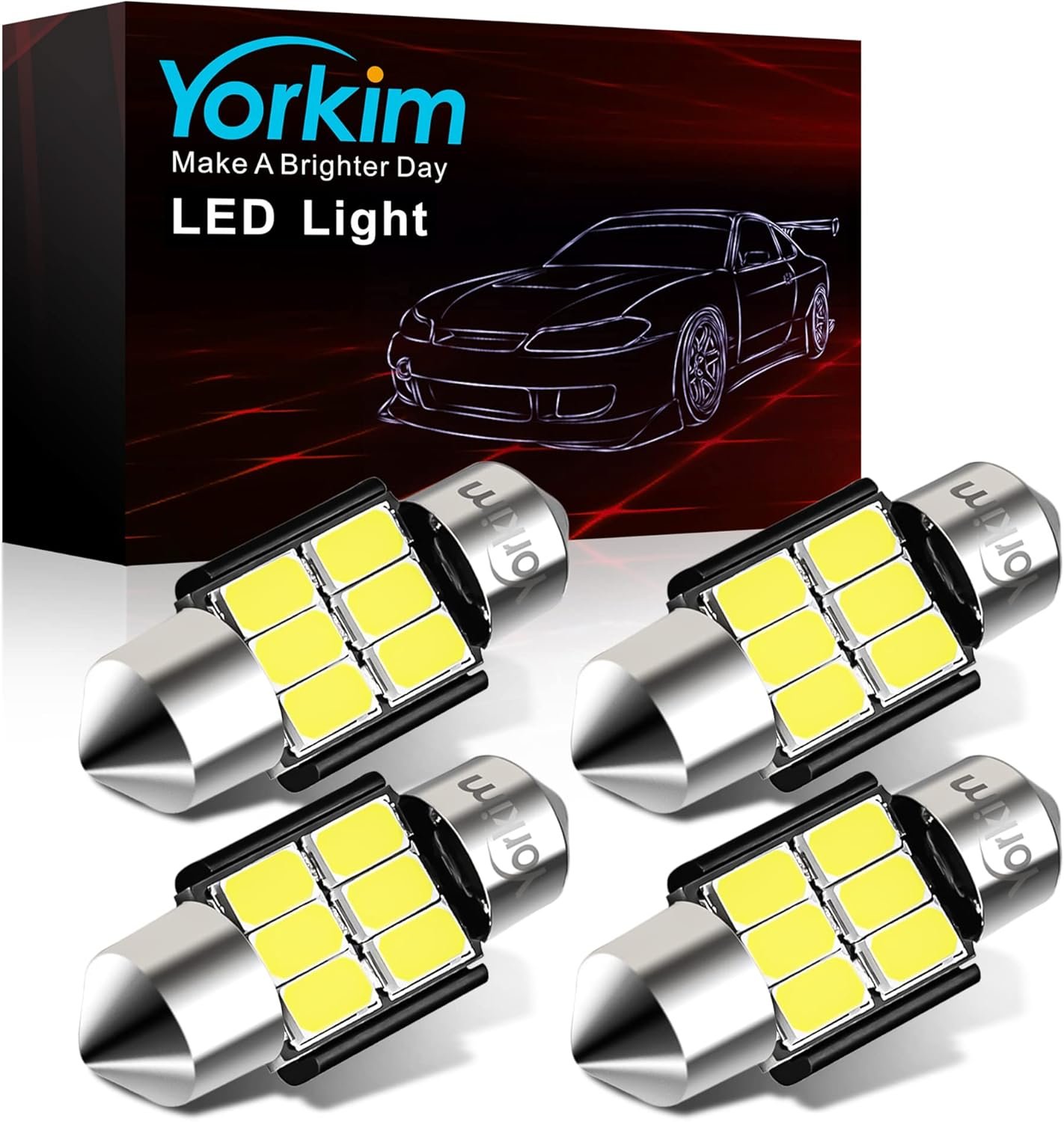 Yorkim DE3022 LED Bulb Super Bright DE3175 Festoon Bulbs White, Error Free Canbus 6-SMD 5730 Chipsets, DE3021 Interior Car Lights 31mm LED Bulbs for dome map light – Pack of 4