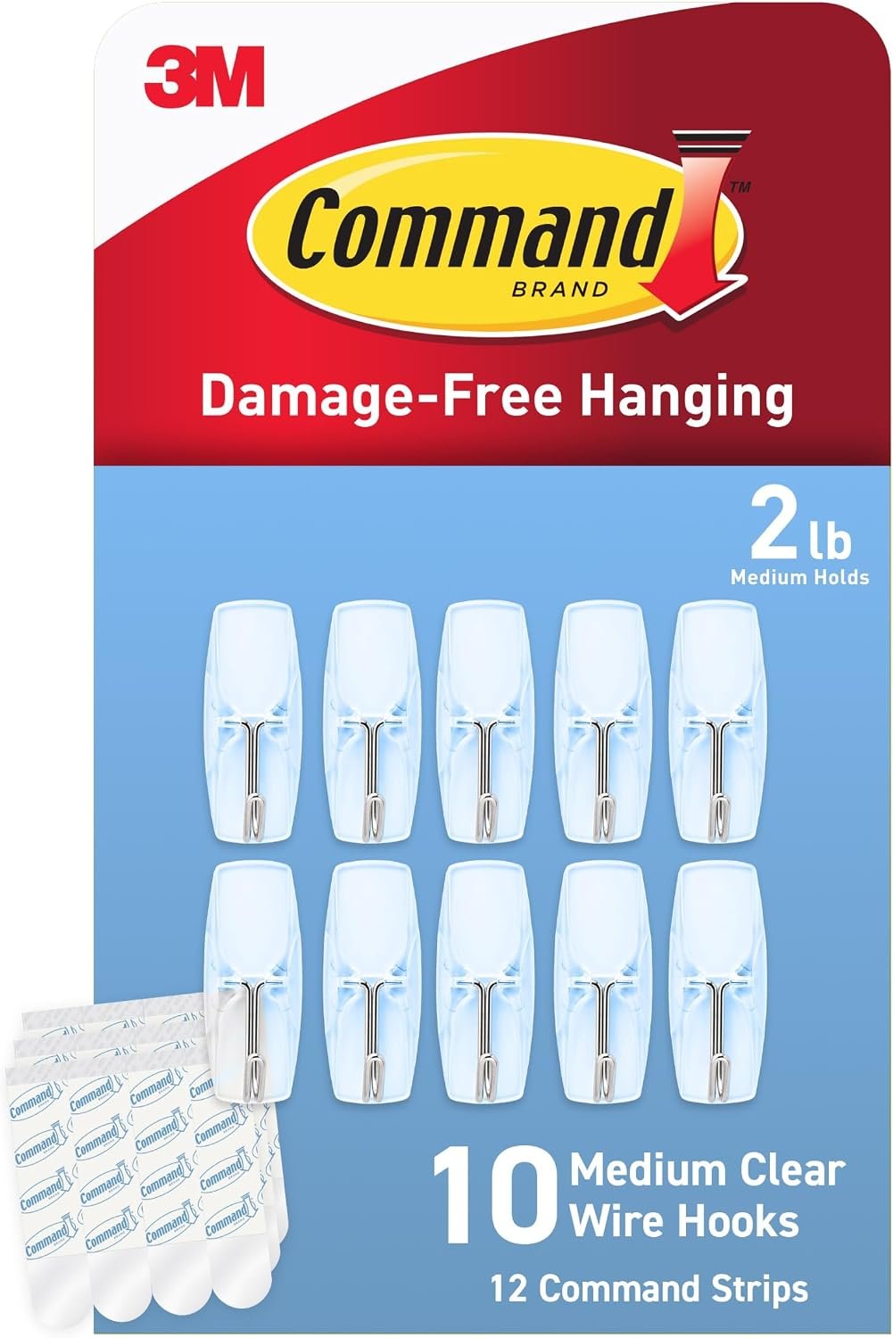 Command Medium Clear Wire Toggle Hooks,10 Wall Hook and 12 Strips, Damage-Free Hanging with Adhesive, Great for Hanging, Organization and Storage, Holds up to 2 lb