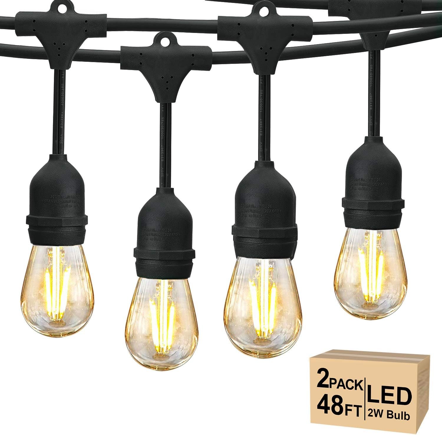 Svater 96 FT Outdoor String Lights 2W, Patio Light for Outside with 32 Antique S14 Plastic LED Bulbs, IP65 Waterproof Hanging Cafe Market Lighting, ETL-Listed Dimmable Warm White 2700K (48 FT x 2)