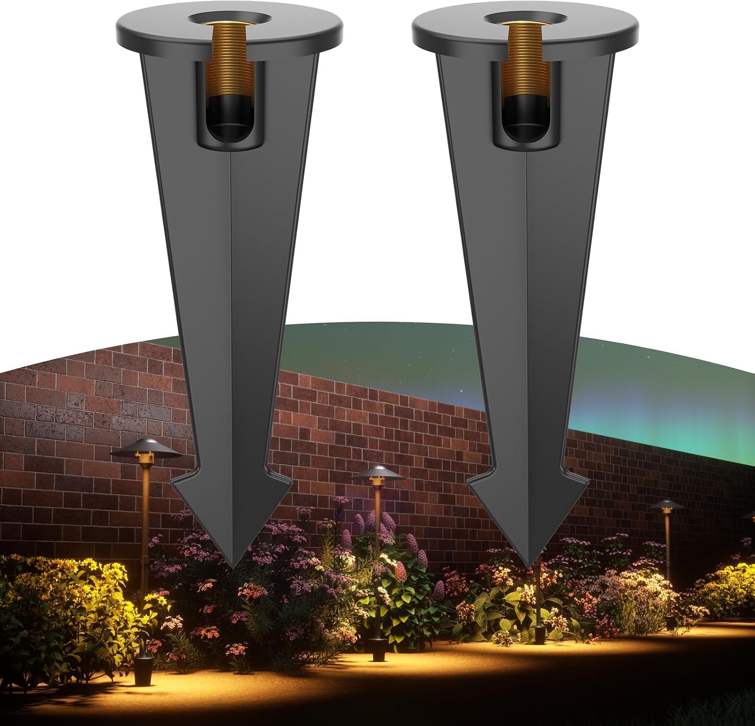 Landscape Lighting Stakes Replacement, Outdoor Light Stakes, 1/2 NPT Female Thread, 9.5″ Ground Light Spikes with Brass Thread, Garden Yard Stake for Pathway Walkway Lights Spotlights 2PCS