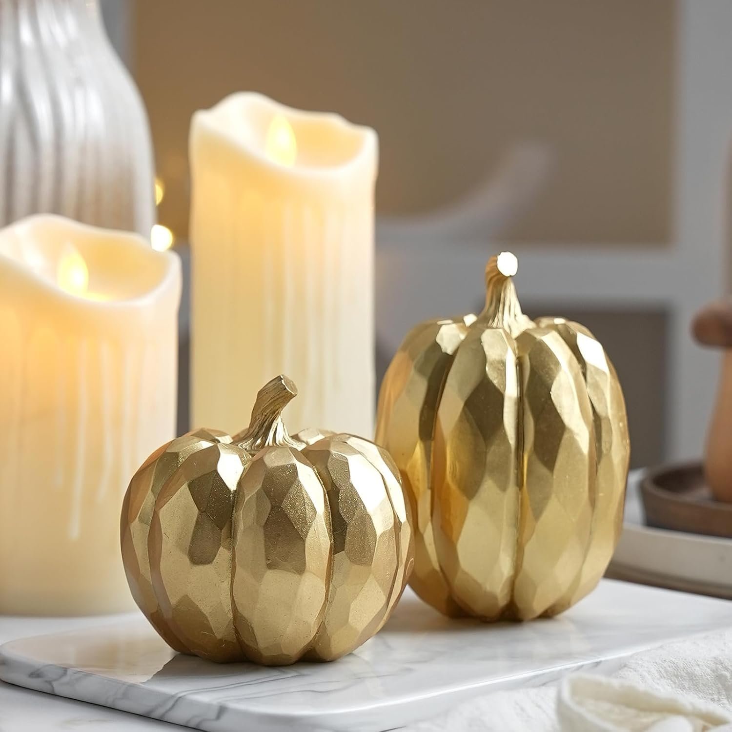 FESTGLOX Pumpkin Decor Fall Decoration, Resin Gold Pumpkins for Decorating | 2Pcs Artificial Pumpkin Figurine Mantel Decor, Thanksgiving Autumn Harvest,Wedding