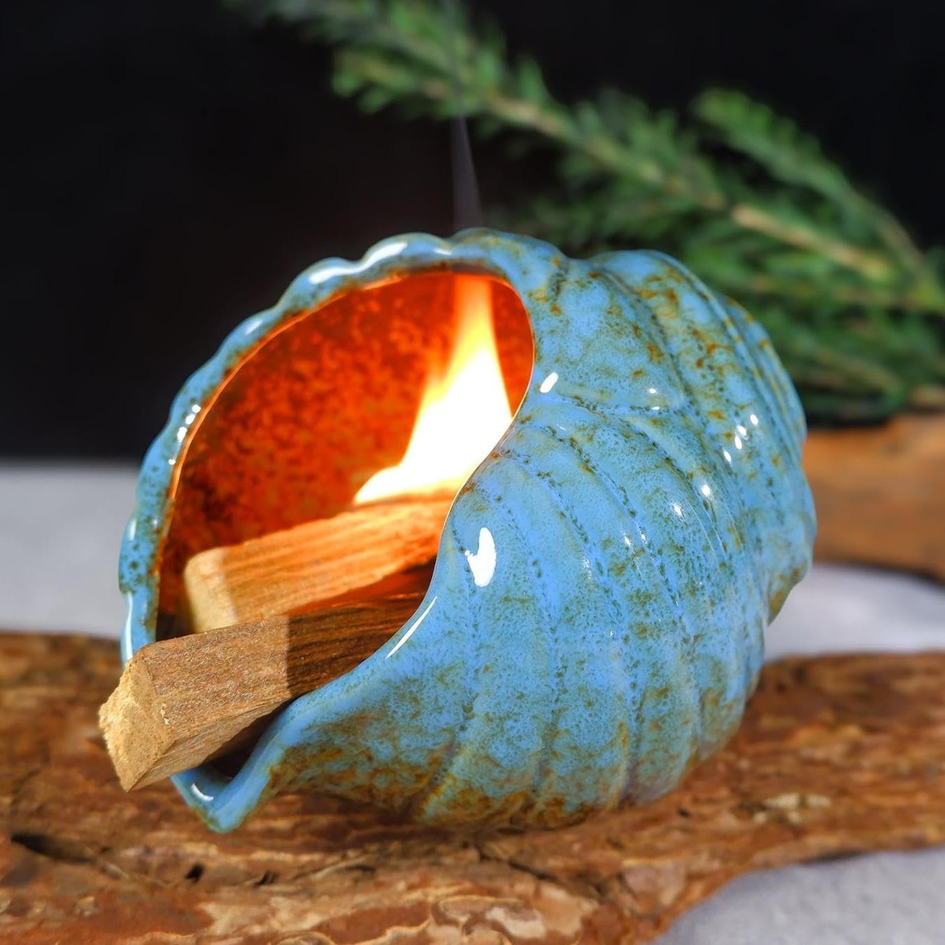 MOUGIGI Blue Conch Chiminea Palo Santo Burner – Ceramic Smudging Bowl | Incense Chimney,Works with Sage Incense Cones,Energy Cleansing-Thoughtful Gifts for Meditation, Altar,Spa,Yoga, Aromatherapy