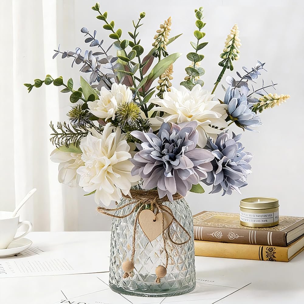 Silk Flowers with Vase, Artificial Flowers Arrangement with Glass Vase Faux Rose for Decoration Table Centerpiece (Dahlia)