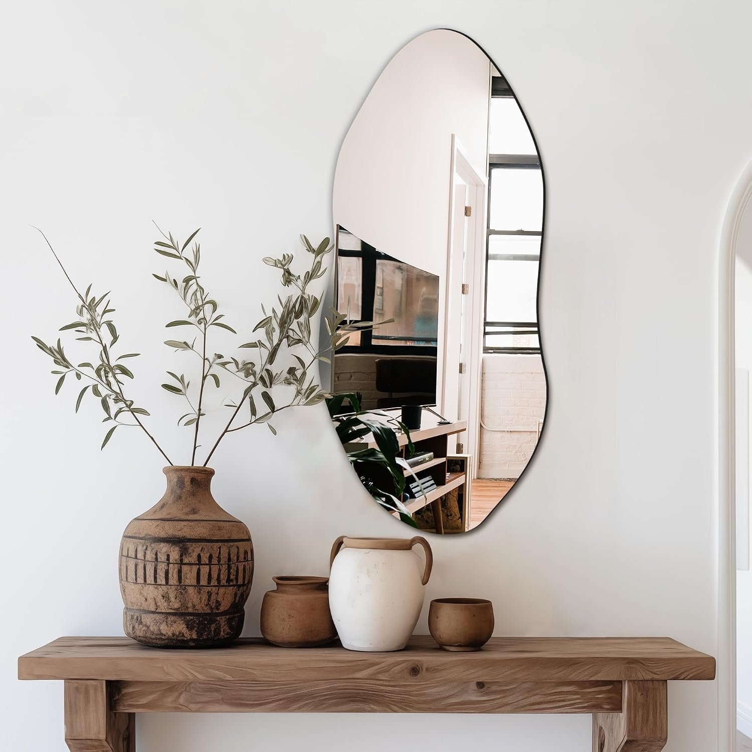 Irregular Wall Mirror, 32″x14″ Slim Vertical Wavy Design | Frameless, Entryway, Hallway & Bathroom, Modern Boho, Wall-Mounted