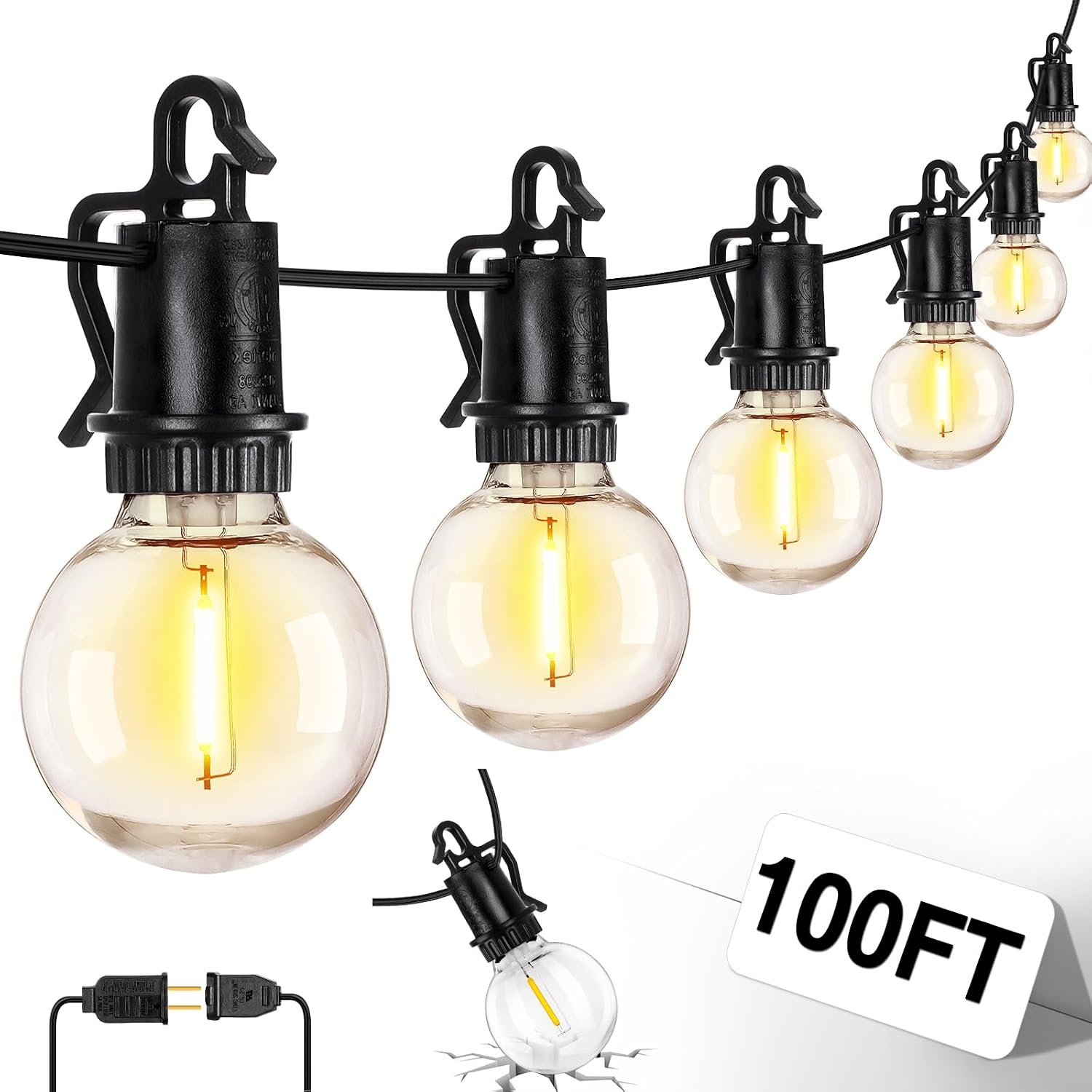 ZJOJO 100FT Outdoor String Lights, Outdoor Lights for Patio | 32 Shatterproof Bulbs, 2700K Dimmable Waterproof Globe LED Patio Lights for Outside Christmas Backyard Bistro Porch Garden