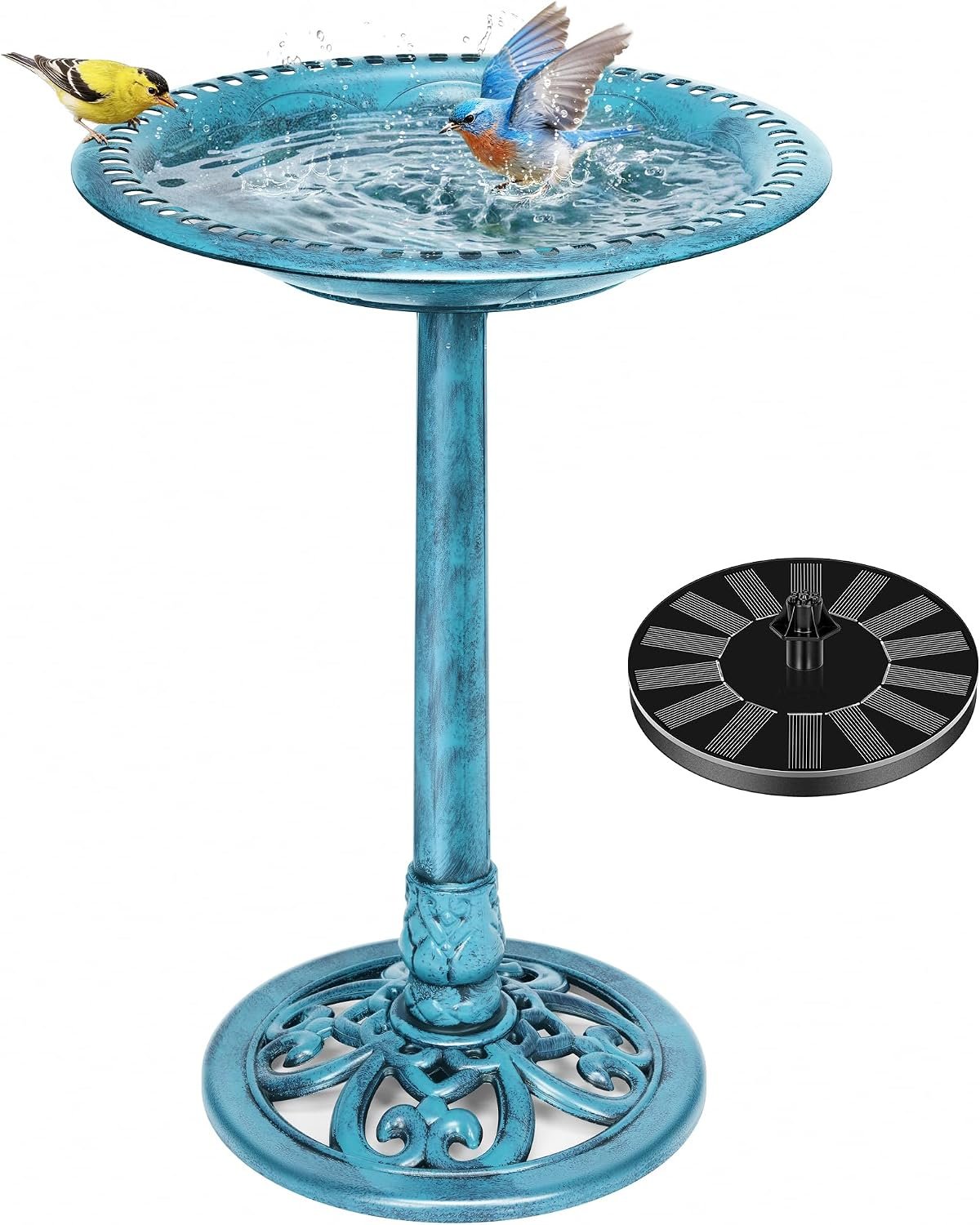 VIVOHOME Bird Bath with Solar Fountain for Outside, Polyresin Pedestal Bird Baths with Solar Powered Pump for Outdoor, Garden, Weather-Resistant Birdbaths with 20″ Bowl, Blue