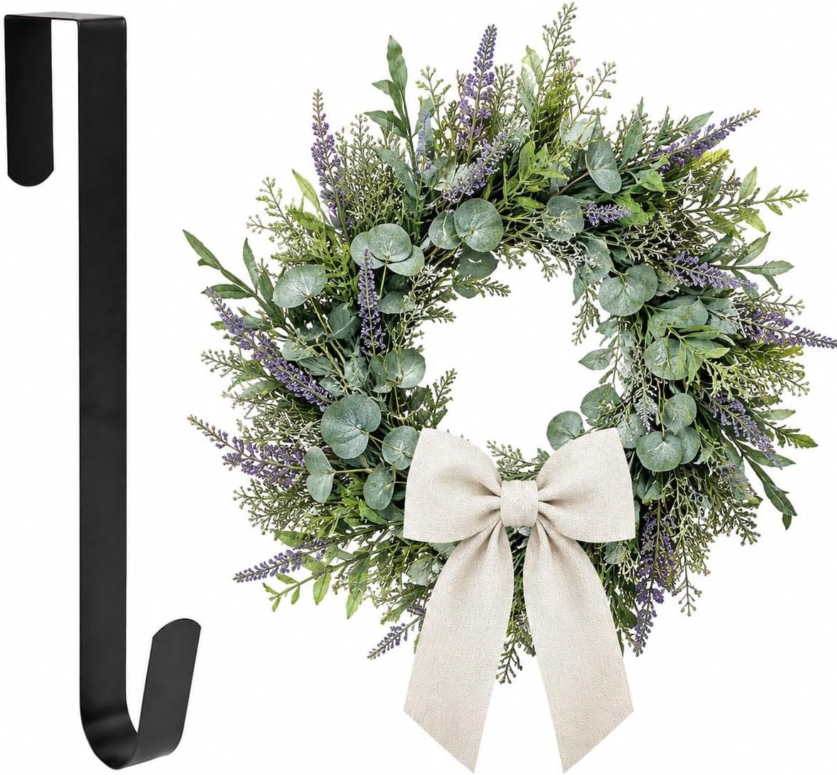 Sattiyrch Ultra Thin Over The Door Wreath Hanger for Front Door, 15 Inch Matte Black Metal Wreath Holder, No Scratch Door Hook for Christmas Holiday Decor (Black,1)