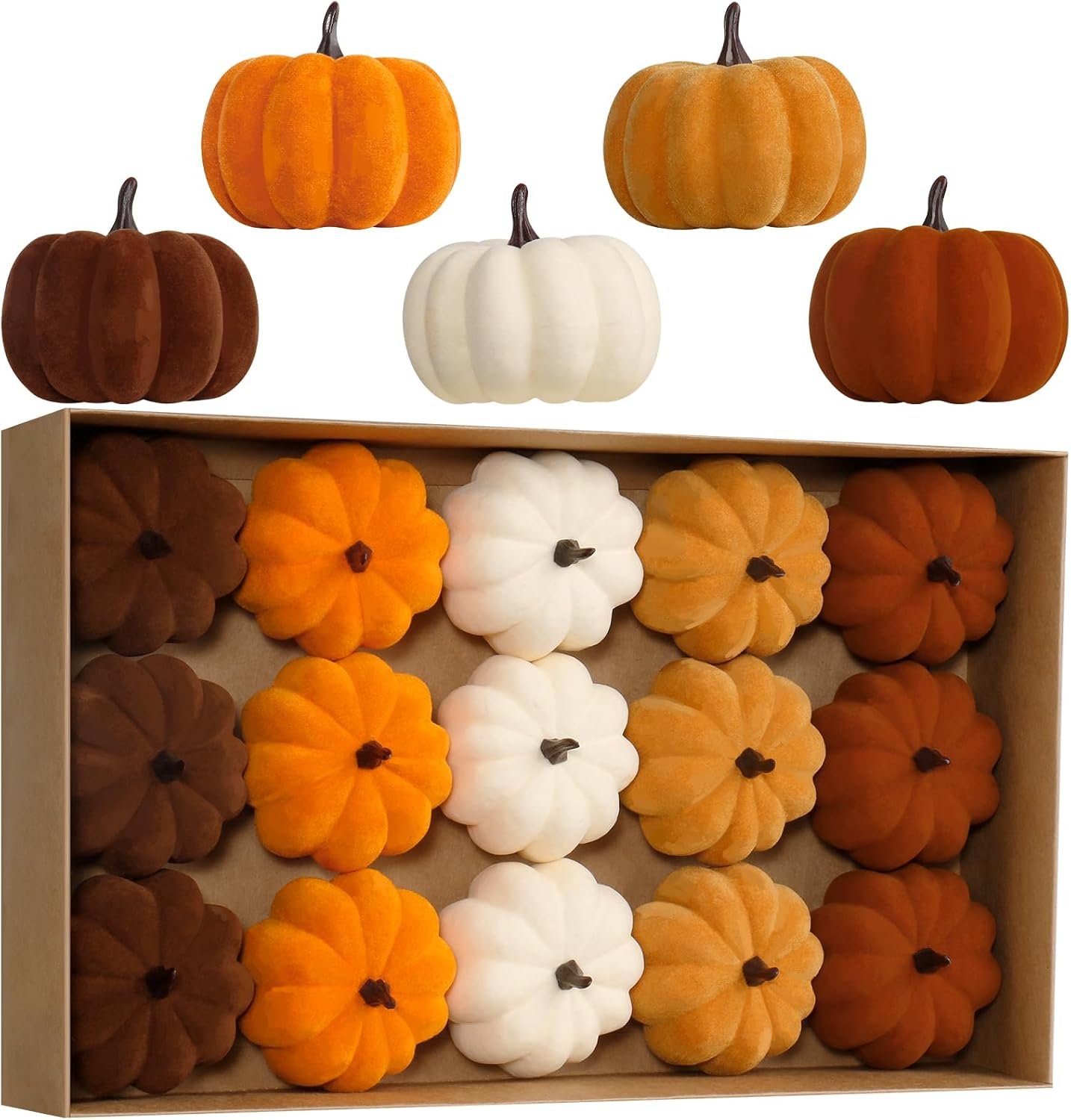 RoseCraft 15PCS Fall Pumpkins for Indoor Autume Thanksgiving Home Decor | Assorted Artificial Small Flocked Foam Faux Pumpkins, for Harvest Farmhouse Halloween Holiday Party Tray Decorations