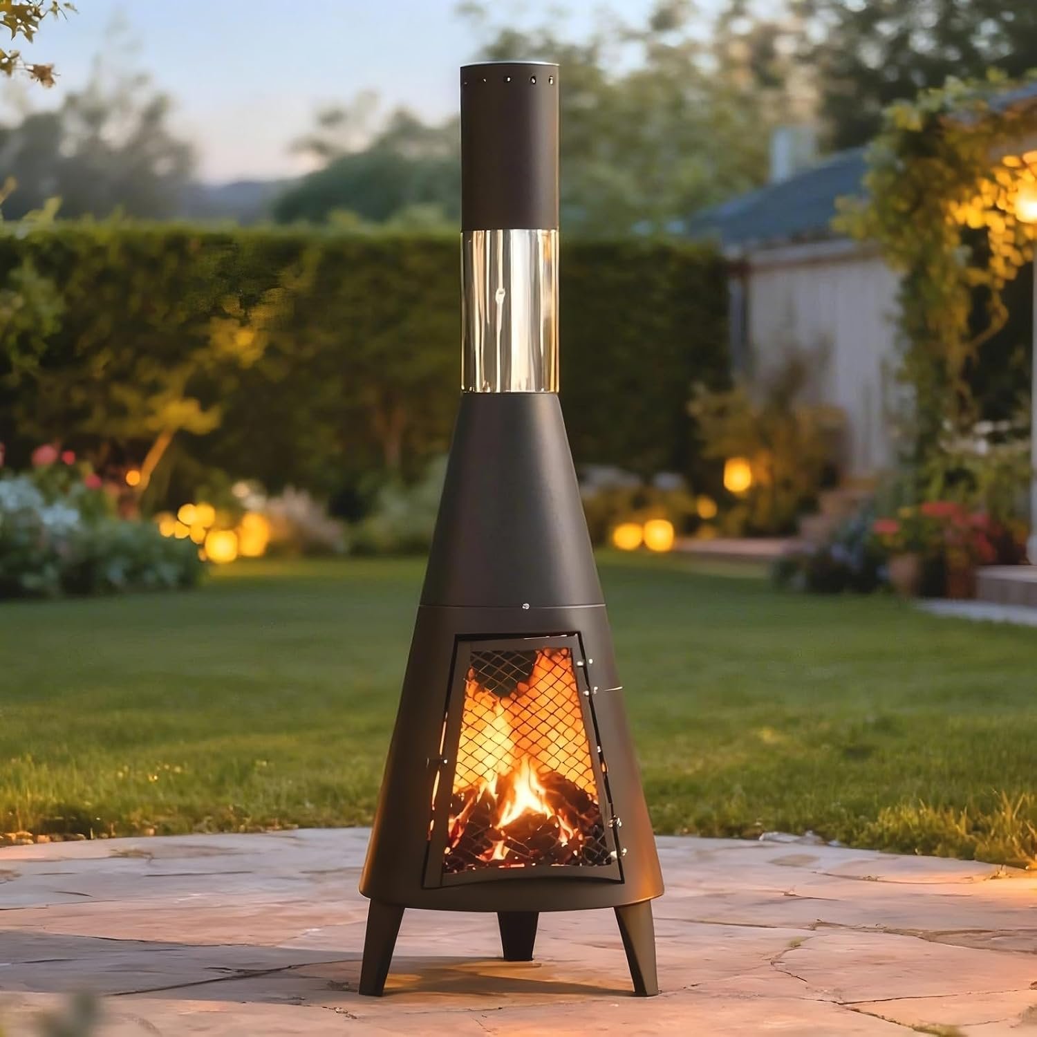3.6ft Mini Chiminea Outdoor Fireplace for Patio with Fire Mat and Poker, Small Metal Chimineas Patio and Beach Fire Pits & Outdoor Fireplaces