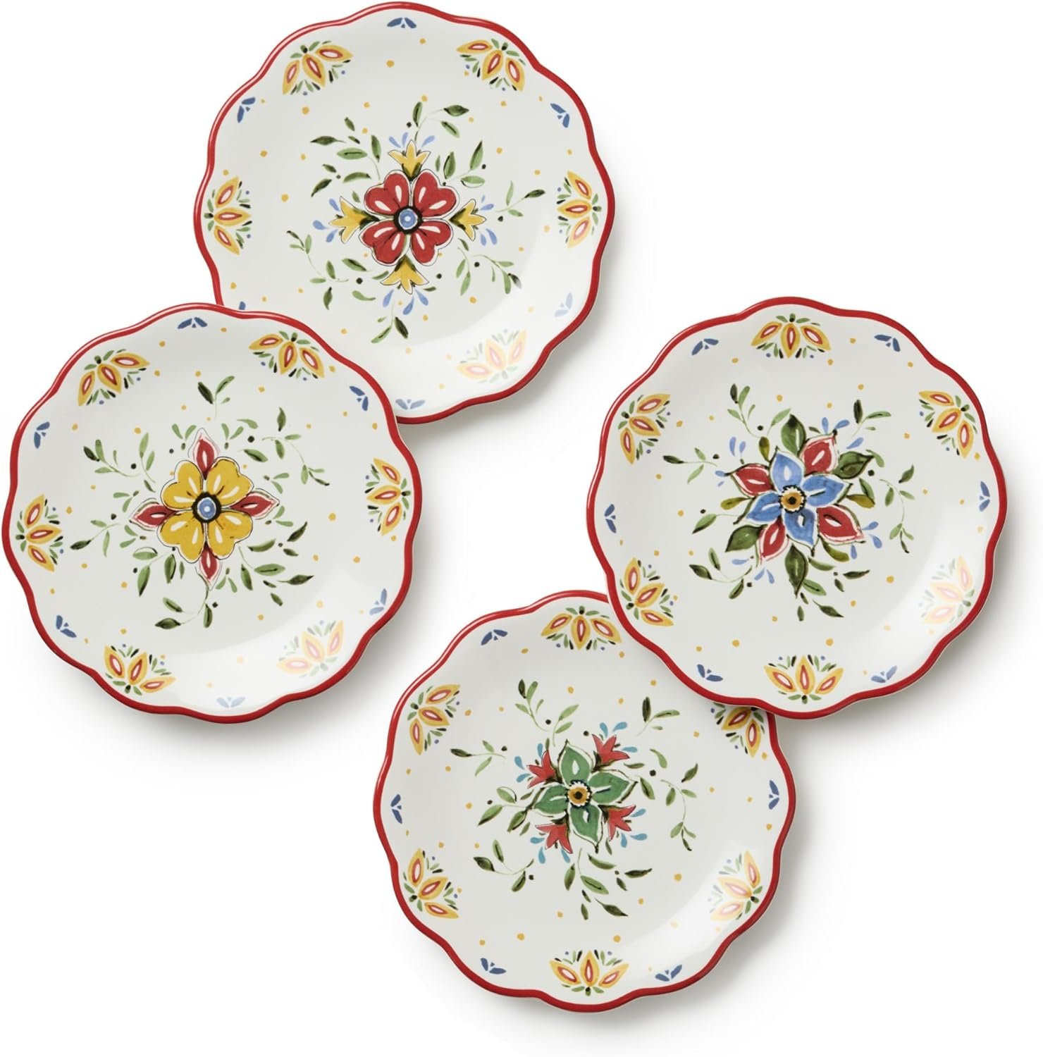 Provence 6-Inch Canapé Plates – Set of 4 Assorted Ceramic Appetizer Dishes with Vintage French Country Folk Art Designs – Colorful Decorative Small Plates for Snacks & Desserts