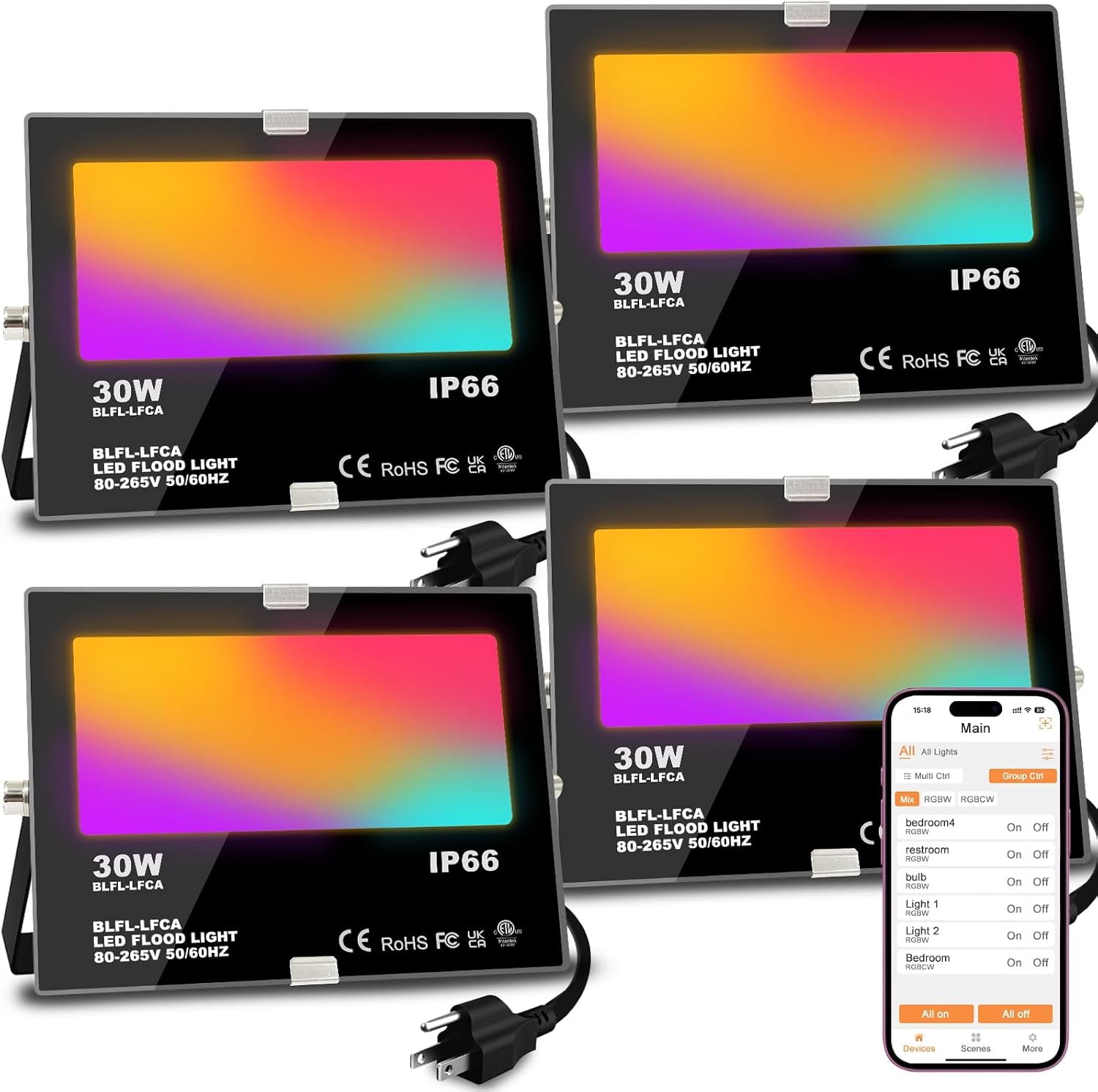 LED Flood Light Outdoor 30W, 300W Equivalent 3000LM Smart RGB Landscape Lighting with APP Control, DIY Scenes -Timing – Warm White 2700K -Color Changing Uplight, IP66, US Plug, No Remote MELPO(4 Pack)
