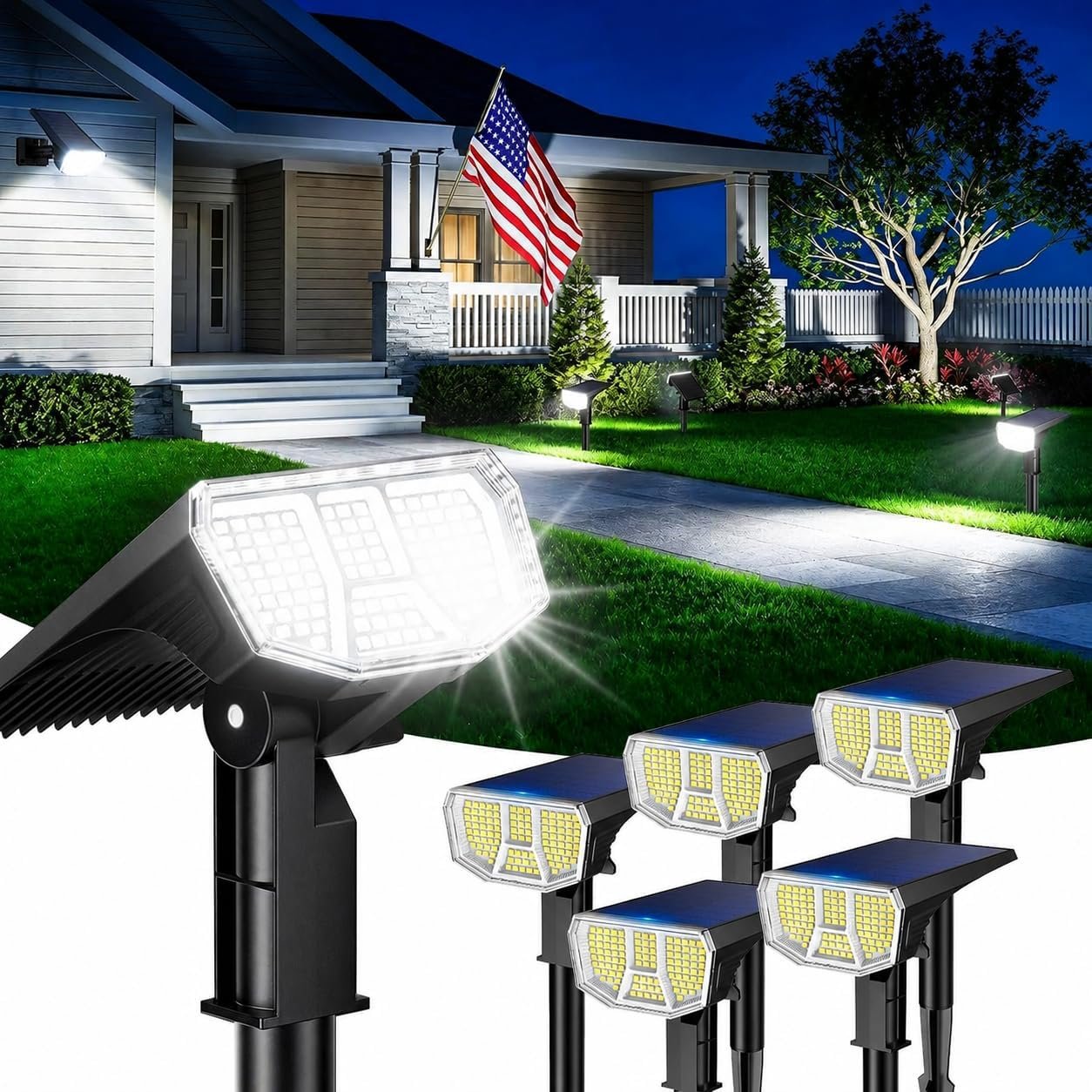 LETMY 6 Pack Solar Spot Lights Outdoor, 104 LED Solar Spotlights, IP65 Waterproof Solar Powered Outdoor Lights, Auto On/Off, Solar Lights Outdoor for Yard, Garden, Patio, Wall, Tree & Flag, Cool White