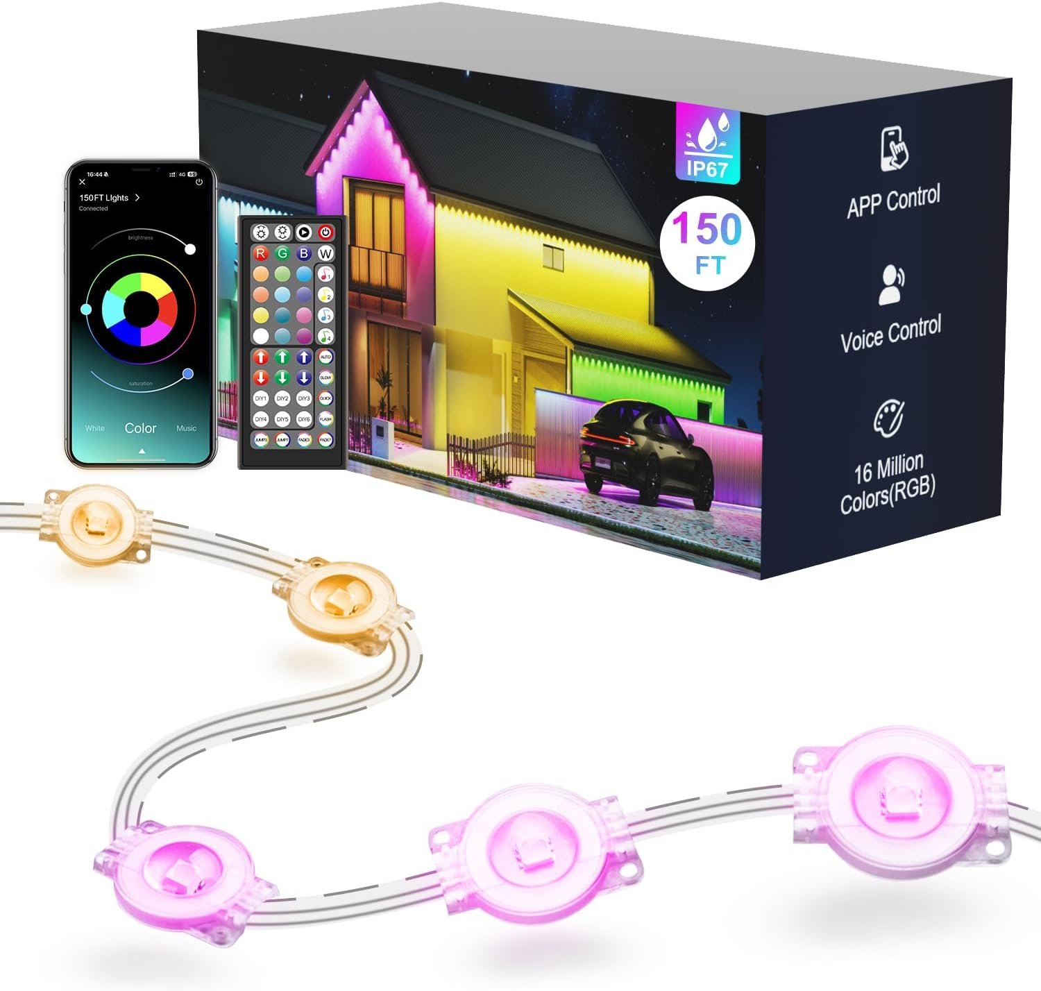Permanent Outdoor Lights for House, 150ft RGB Halloween House Lights Outdoor with APP Remote Control, IP67 Waterproof Smart Eternity Eaves Lighting for Christmas, Holiday, Party, Daily