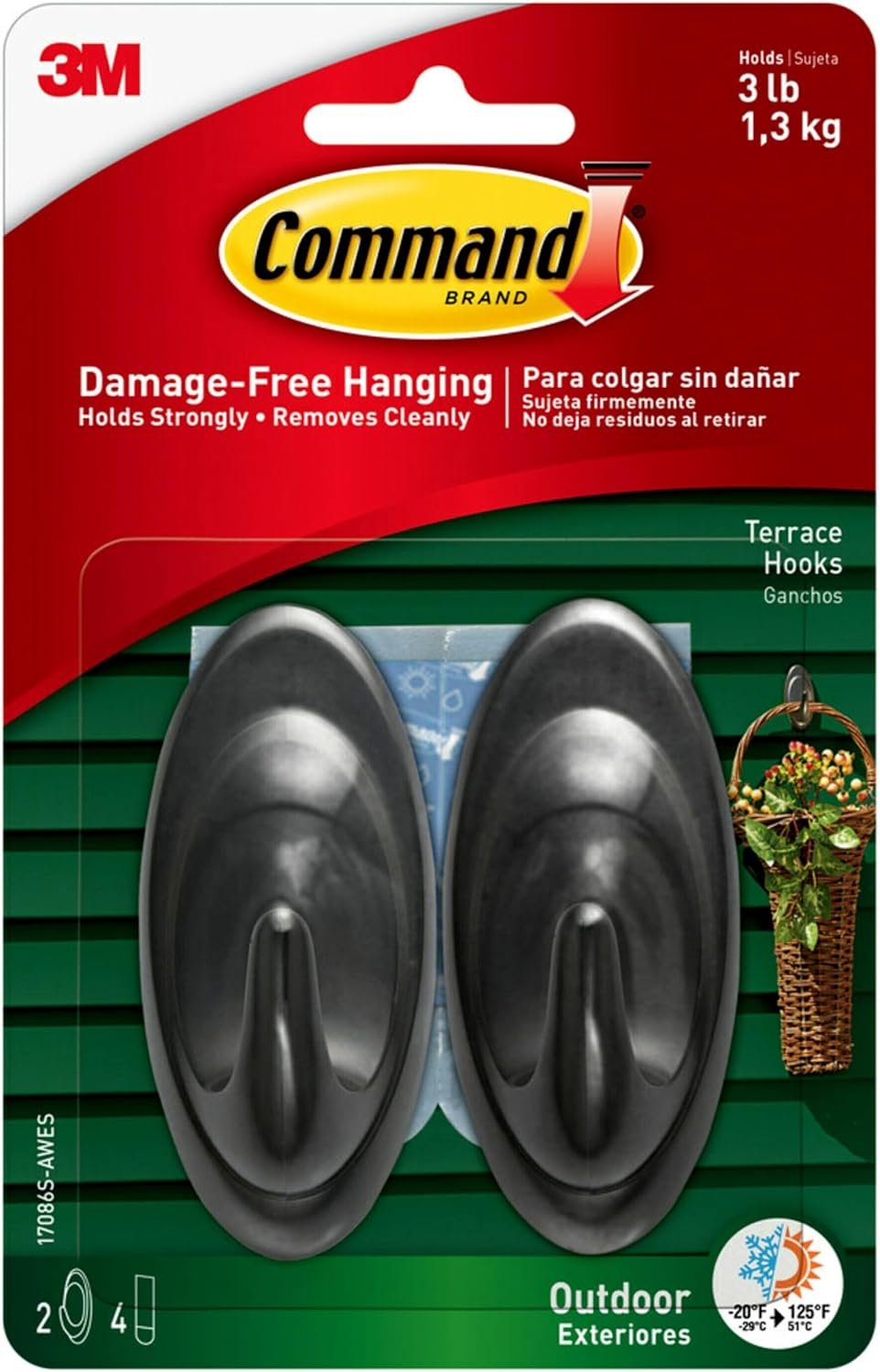 Command Outdoor Terrace Hooks, 2 Hooks and 4 Strips, Damage-Free Hanging Wall Hook for Hanging Back to School Decorations with Weather Resistant Strips, Holds up to 3 lb