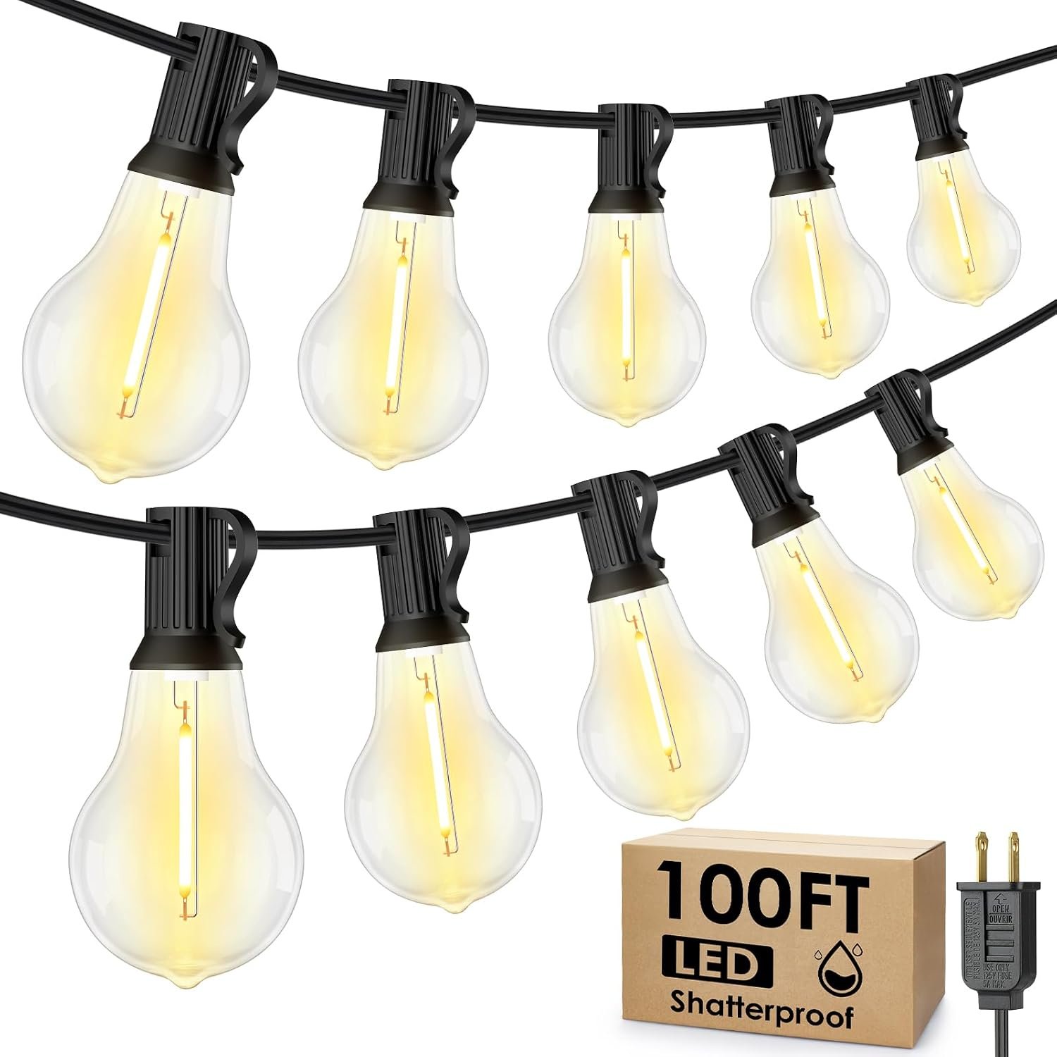 100FT Outdoor String Lights, Patio Light with 32 A39 Bulbs, Black | Plug in, Dimmer not included, Waterproof, Shatterproof, Extendable, LED Hanging Lamp for Indoor Outside Decor, Warm White