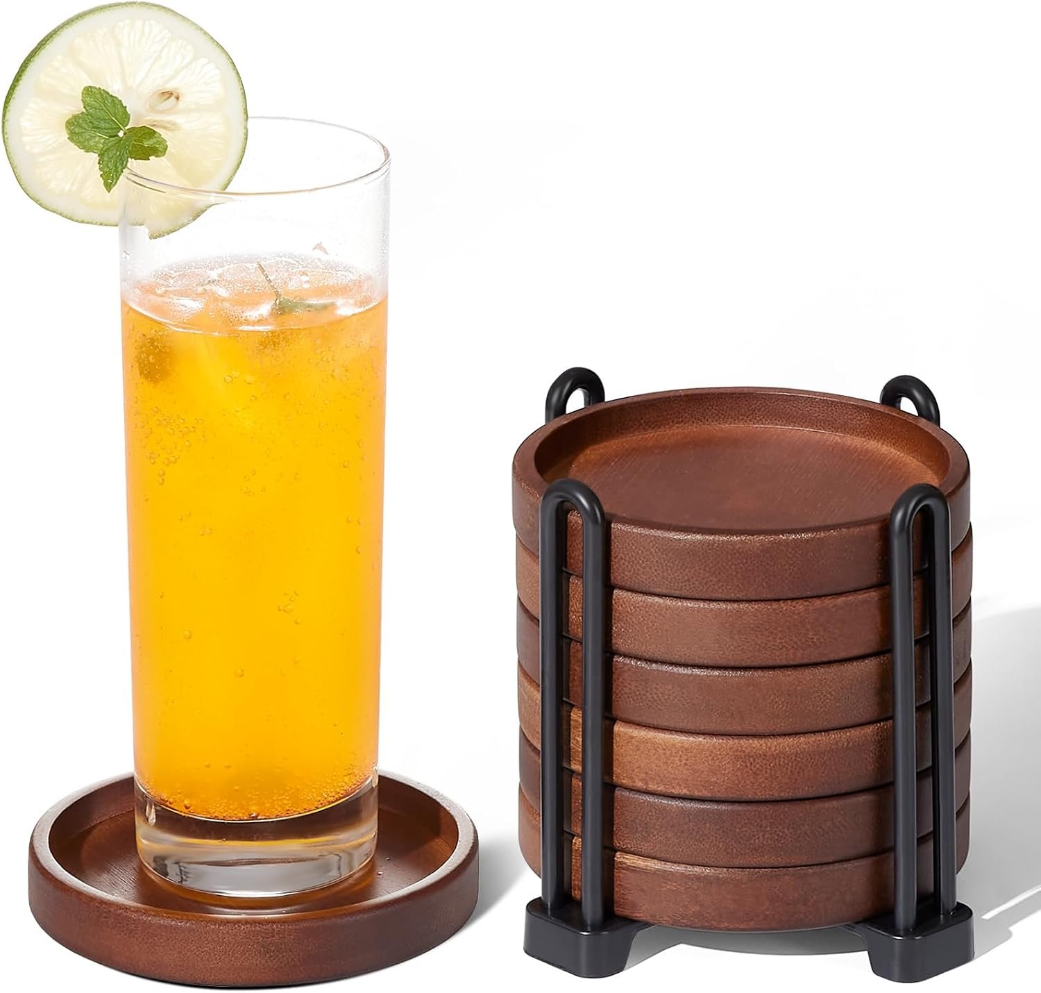 Set of 6 Wooden Coasters with Holder – Coffee Table Coasters for Drinks, Modern Home Decor, Dining Table Decorative Set, Cute Beer Bar Rustic Outdoor Wood Coaster
